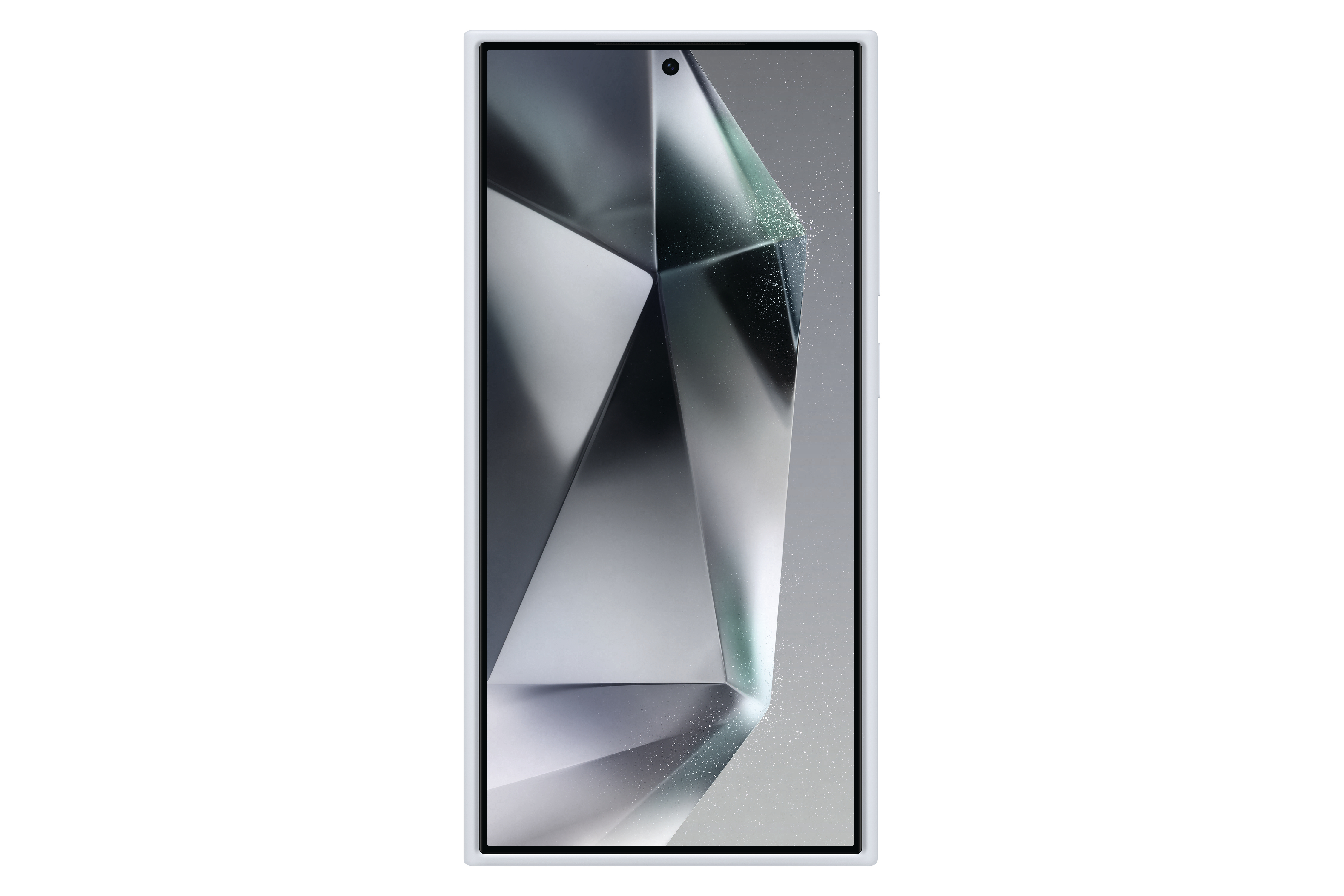 Weißes Telefon, abstraktes Design auf dem Bildschirm, weißer Hintergrund.