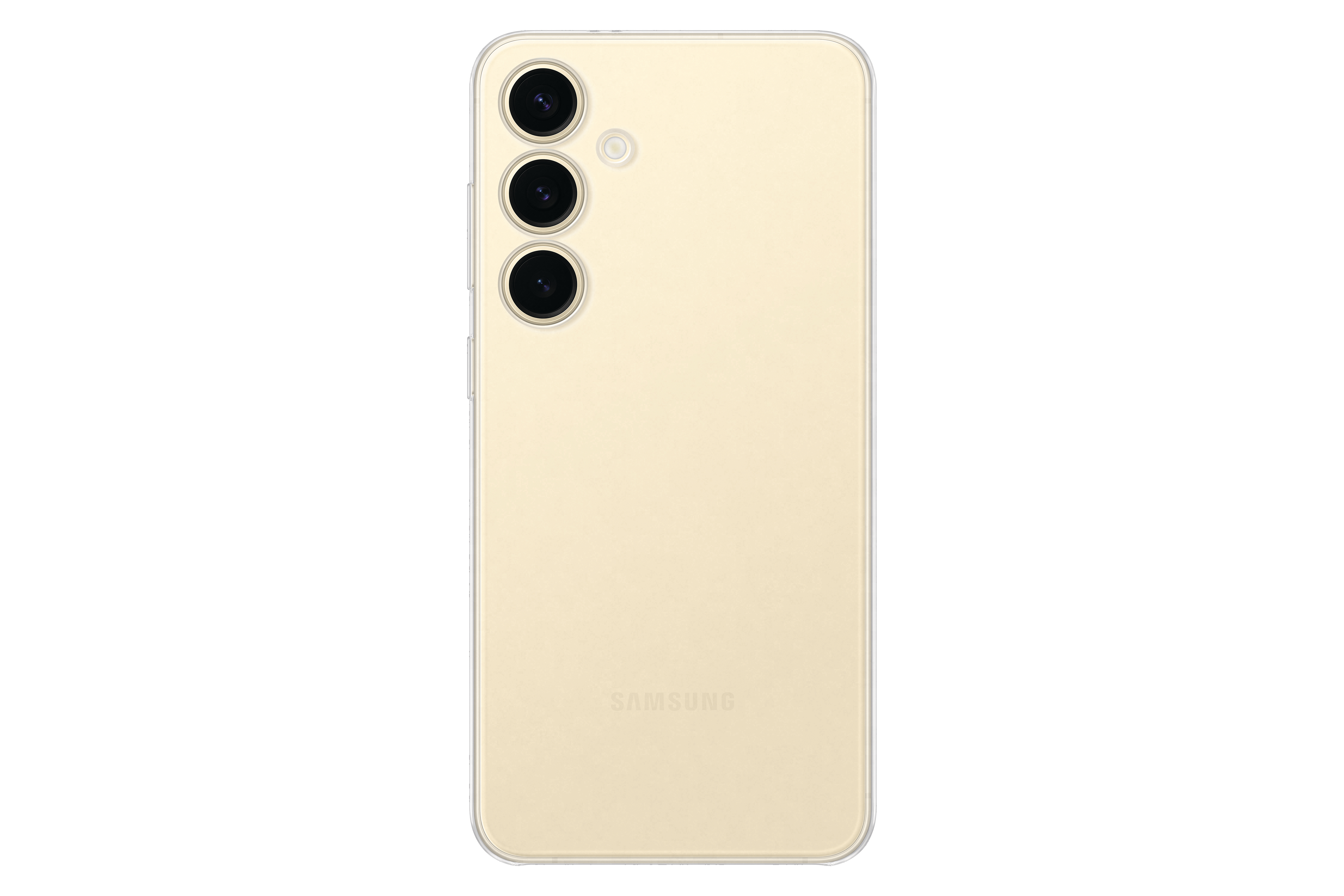 Telefon mit drei Kameralinsen und Samsung-Logo. Goldene Farbe. Hintergrund ist weiß.
