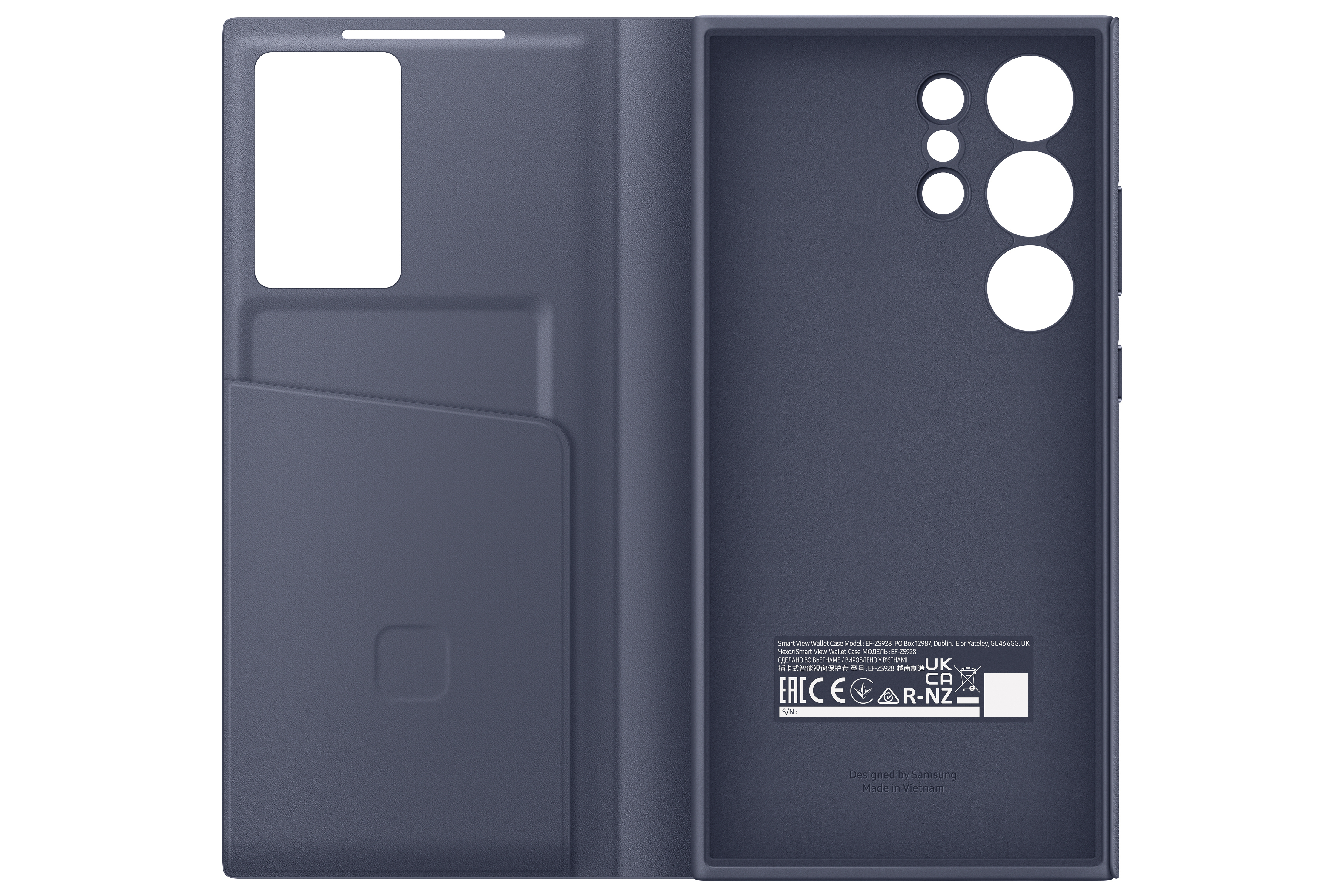 Geöffnete Samsung Handyhülle, marineblau, mit Platz für Karte und Stift.