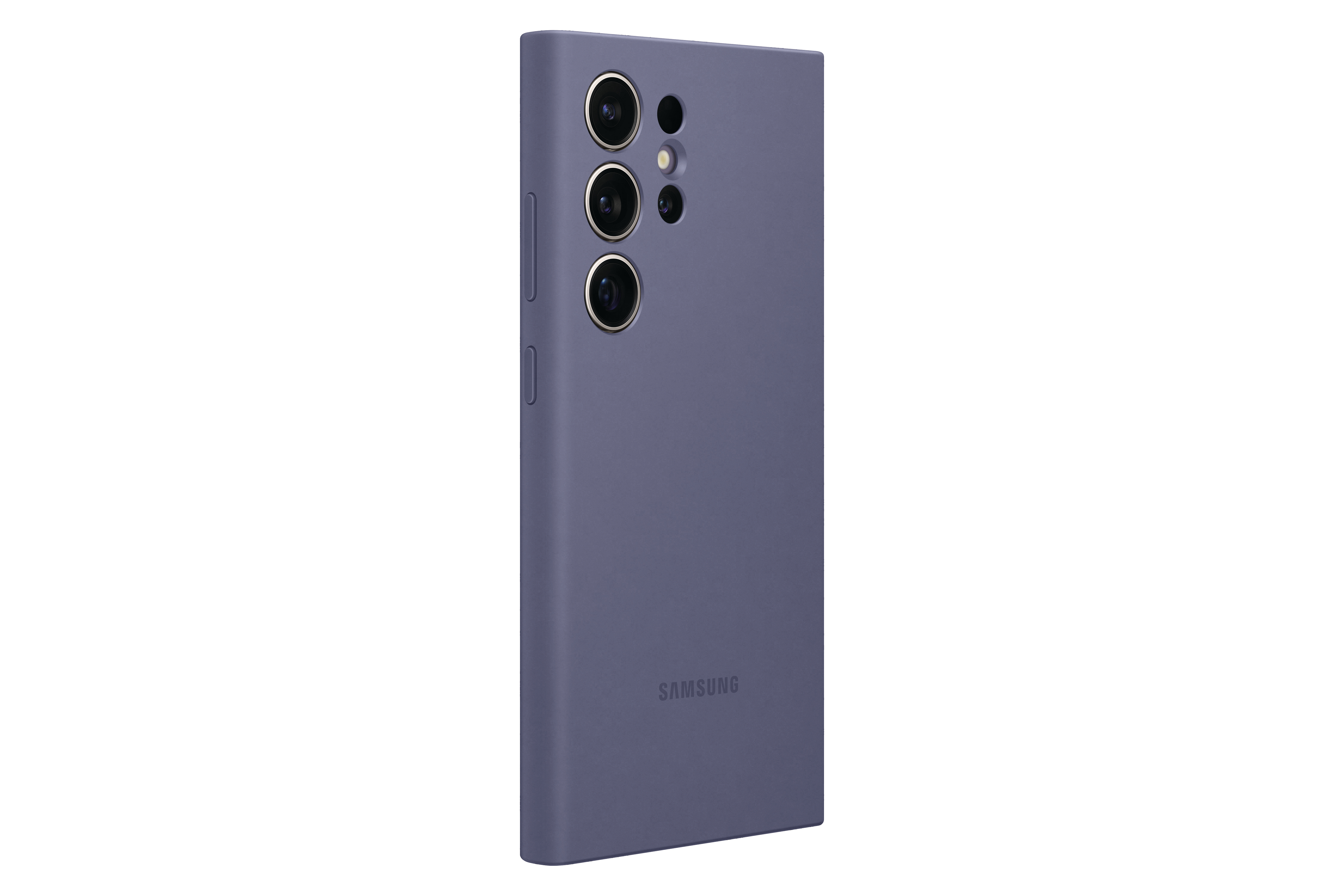 Lila Handyhülle mit drei Kameras und dem Samsung-Logo.