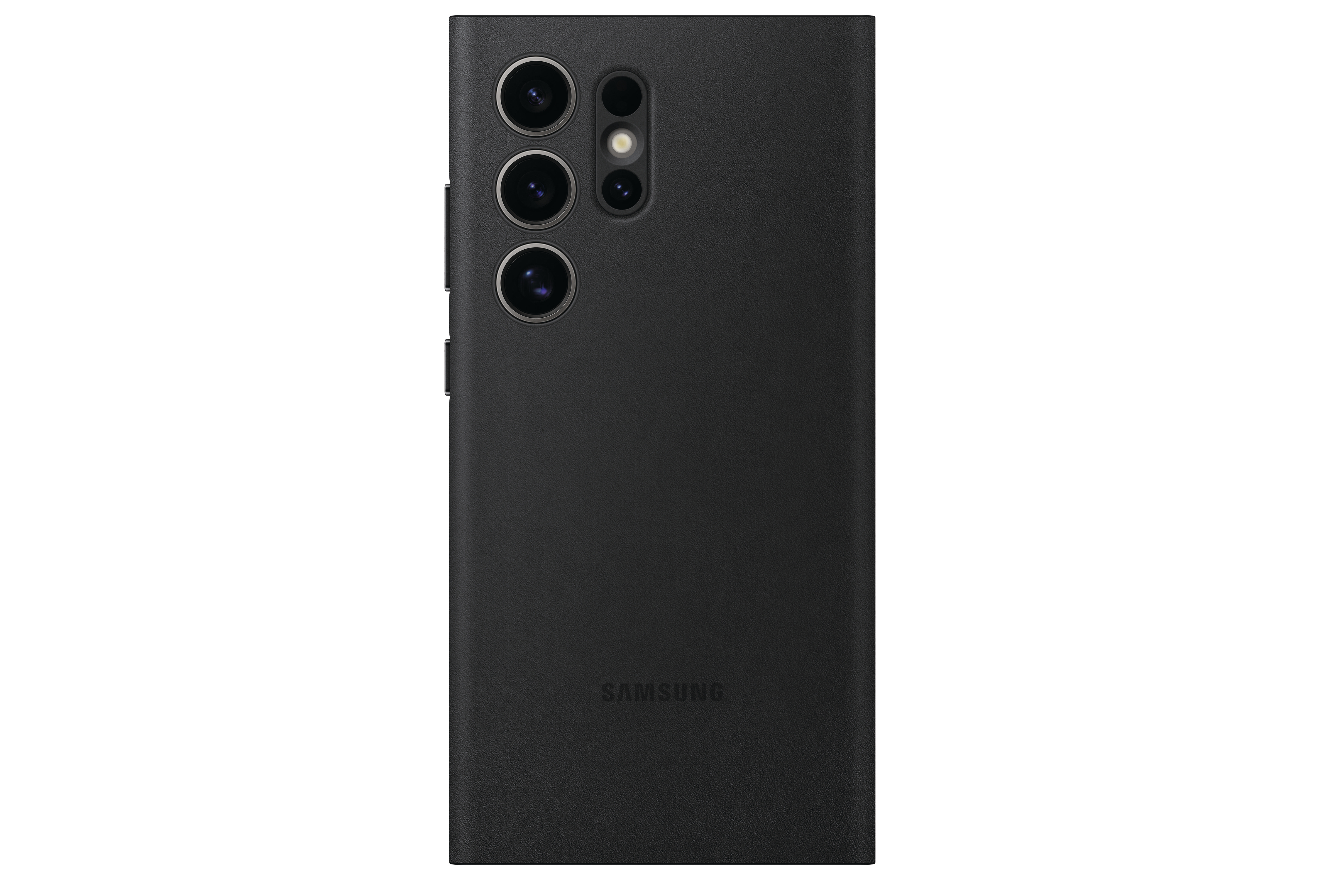 Rückansicht eines schwarzen Smartphones mit Kameras und Samsung-Logo.