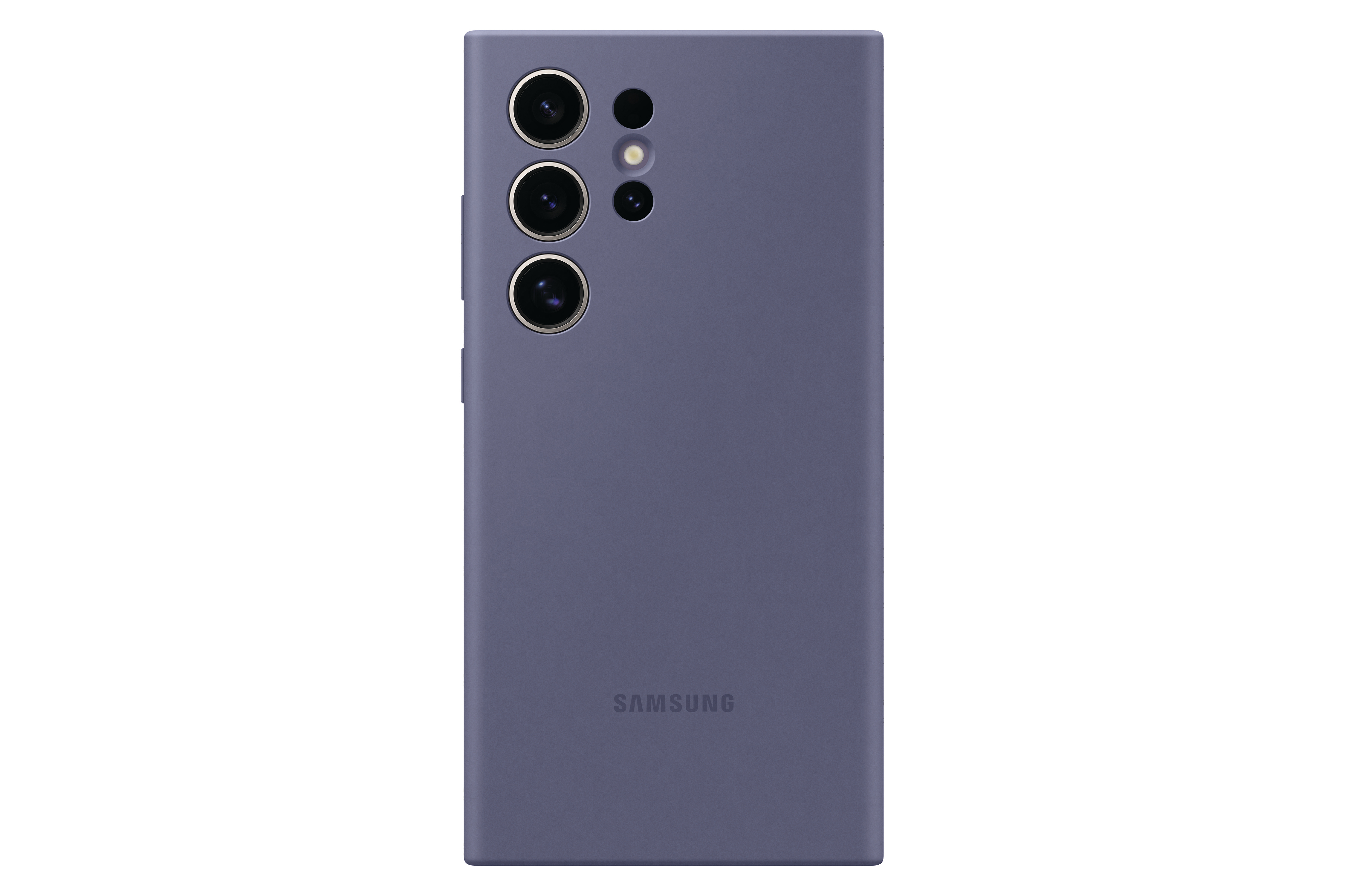 Lila Telefon mit drei Kameras auf einer lilafarbenen Hülle, mit dem Samsung-Logo.