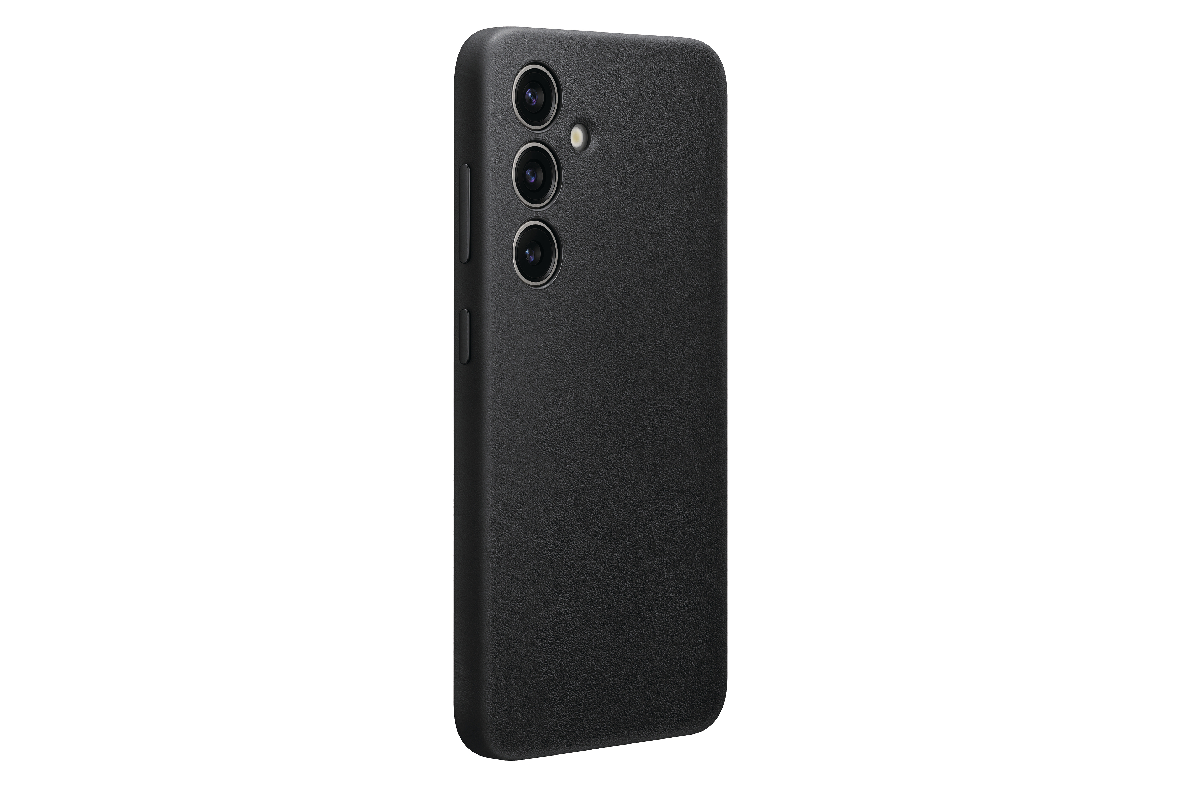 Ein schwarzes Smartphone mit drei Kameras auf der Rückseite, auf weißem Hintergrund.