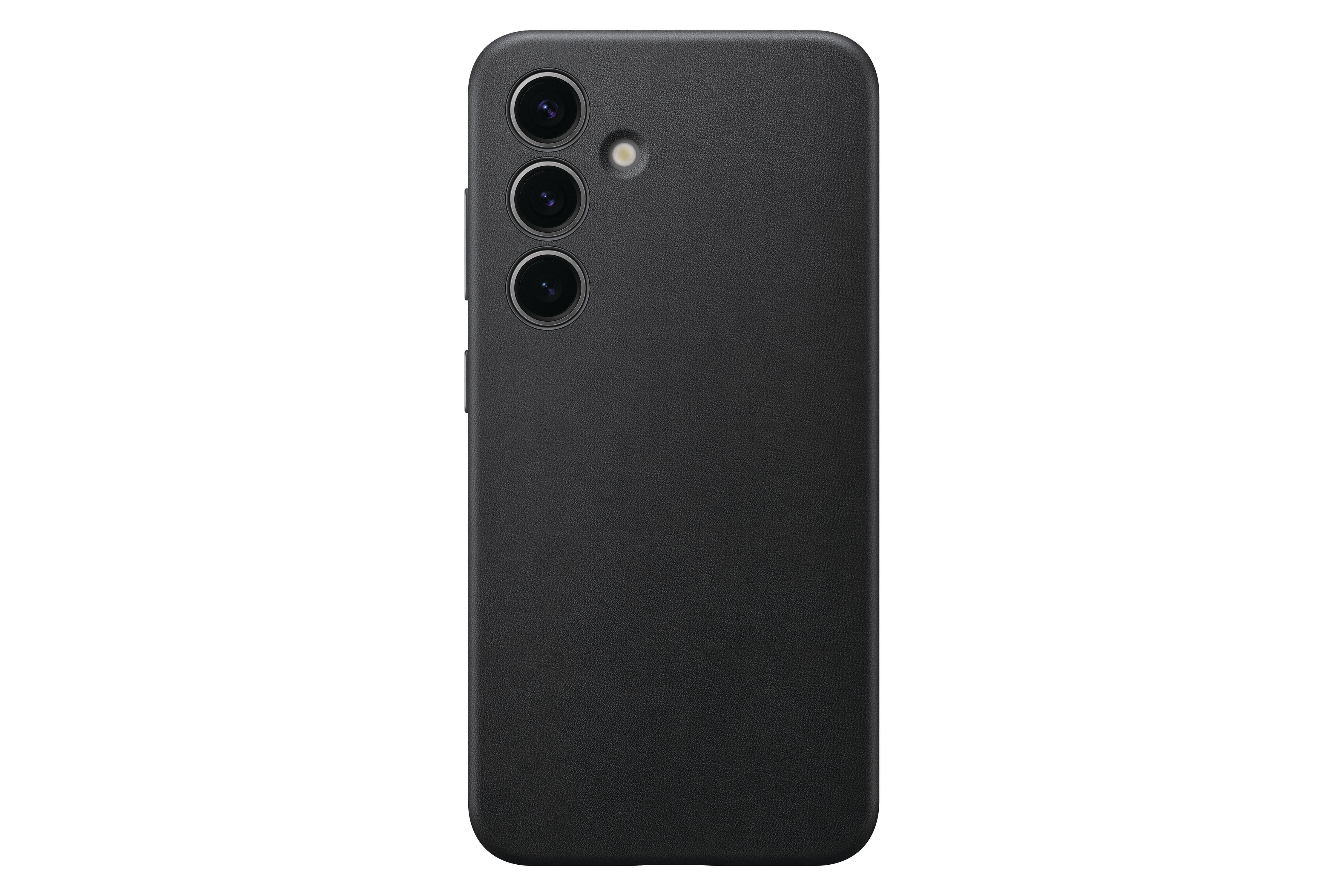 Schwarzes Smartphone mit drei Kameralinsen auf der Rückseite. Die Handyhülle ist auch schwarz.