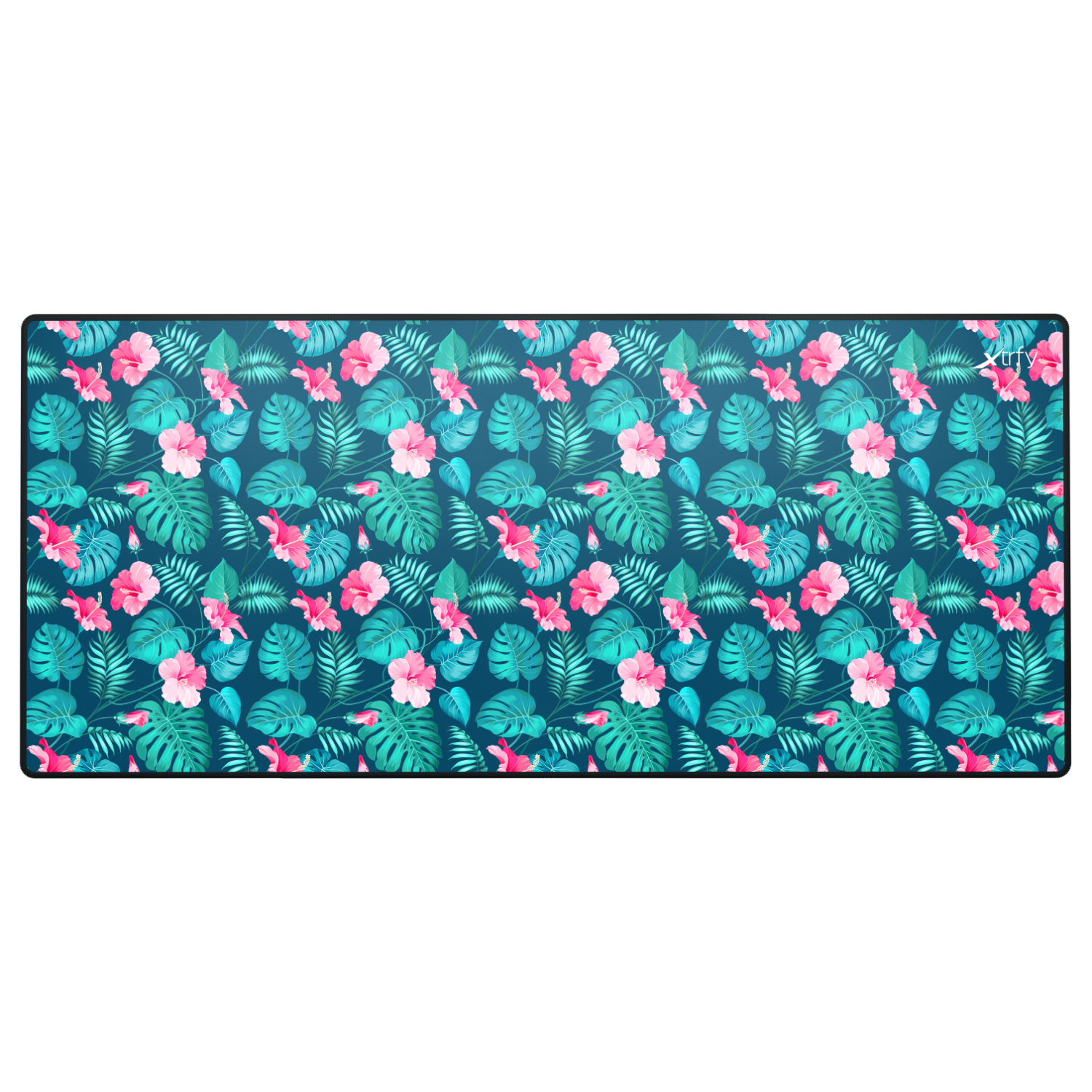 A mousepad with a tropical floral pattern on a black background.
