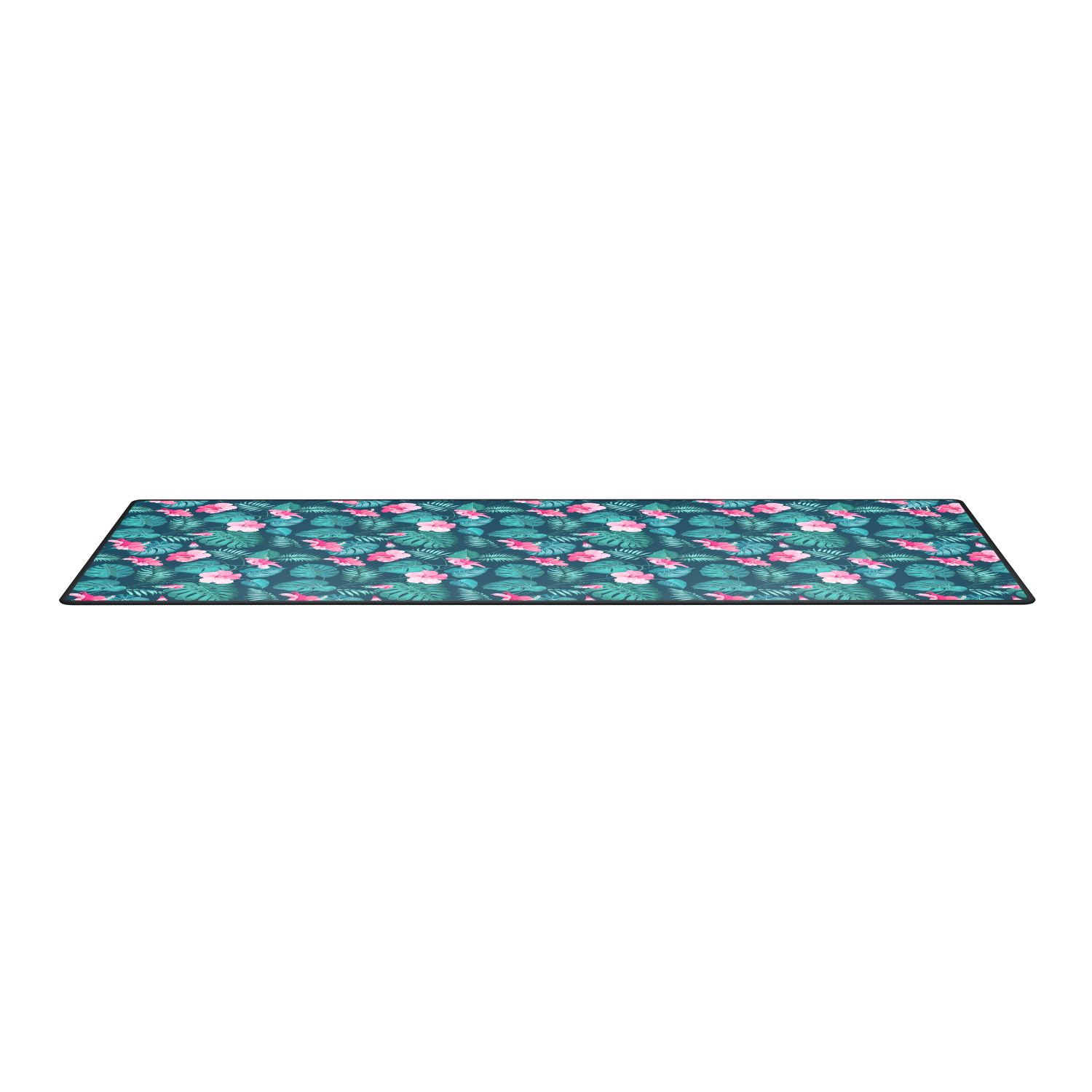 Floral patterned mat on a black background. The mat is rectangular with pink and green flowers.