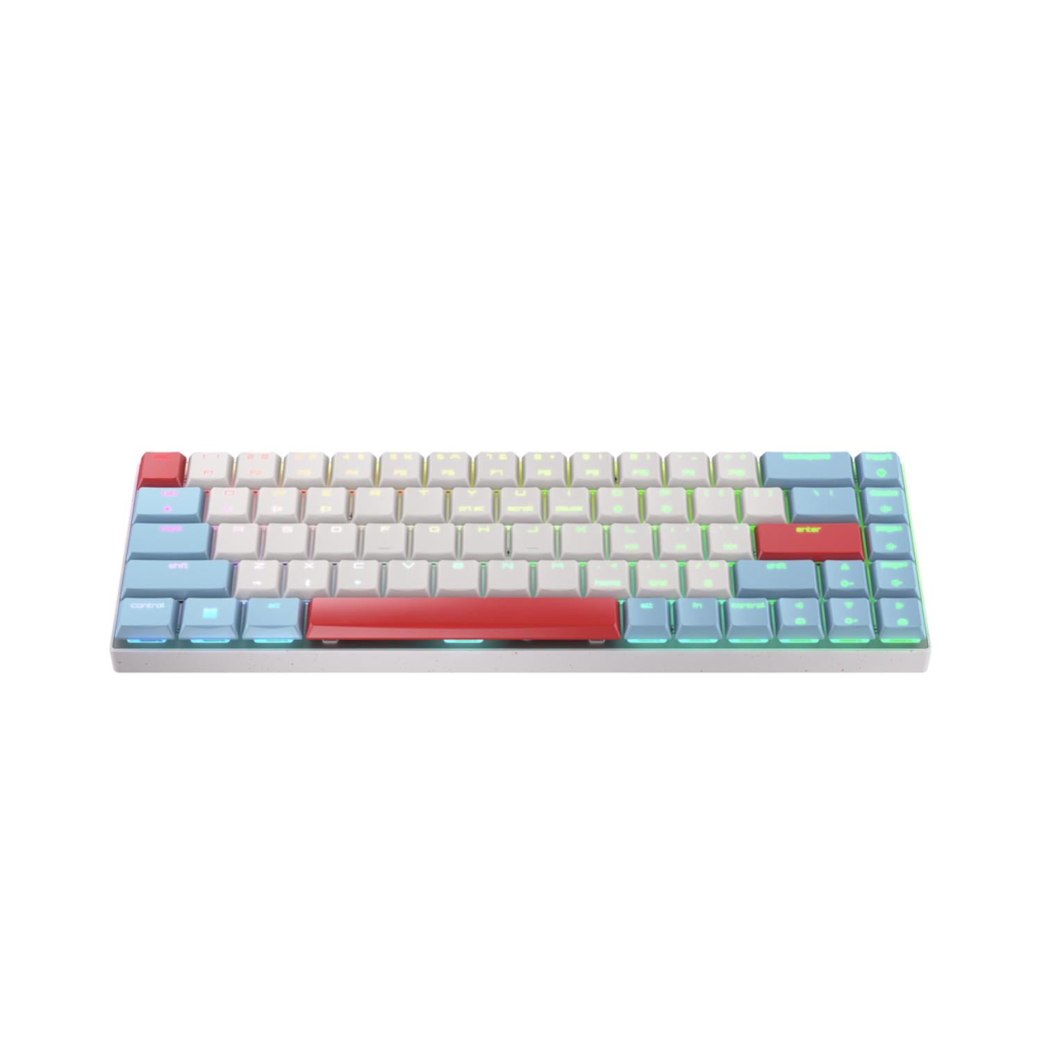 A white mechanical keyboard with colorful keys, including red, blue, and white keys, on a black background.