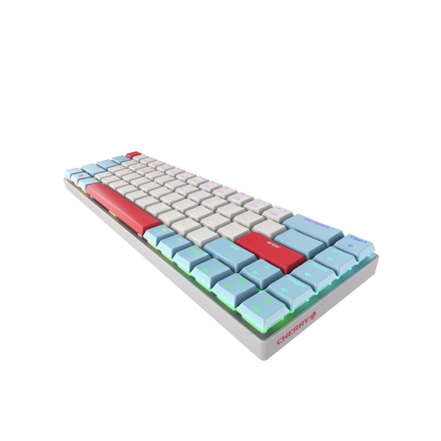 A compact keyboard with white, red, and light blue keys. The keyboard has a black background. The brand name 'Cherry' is visible.