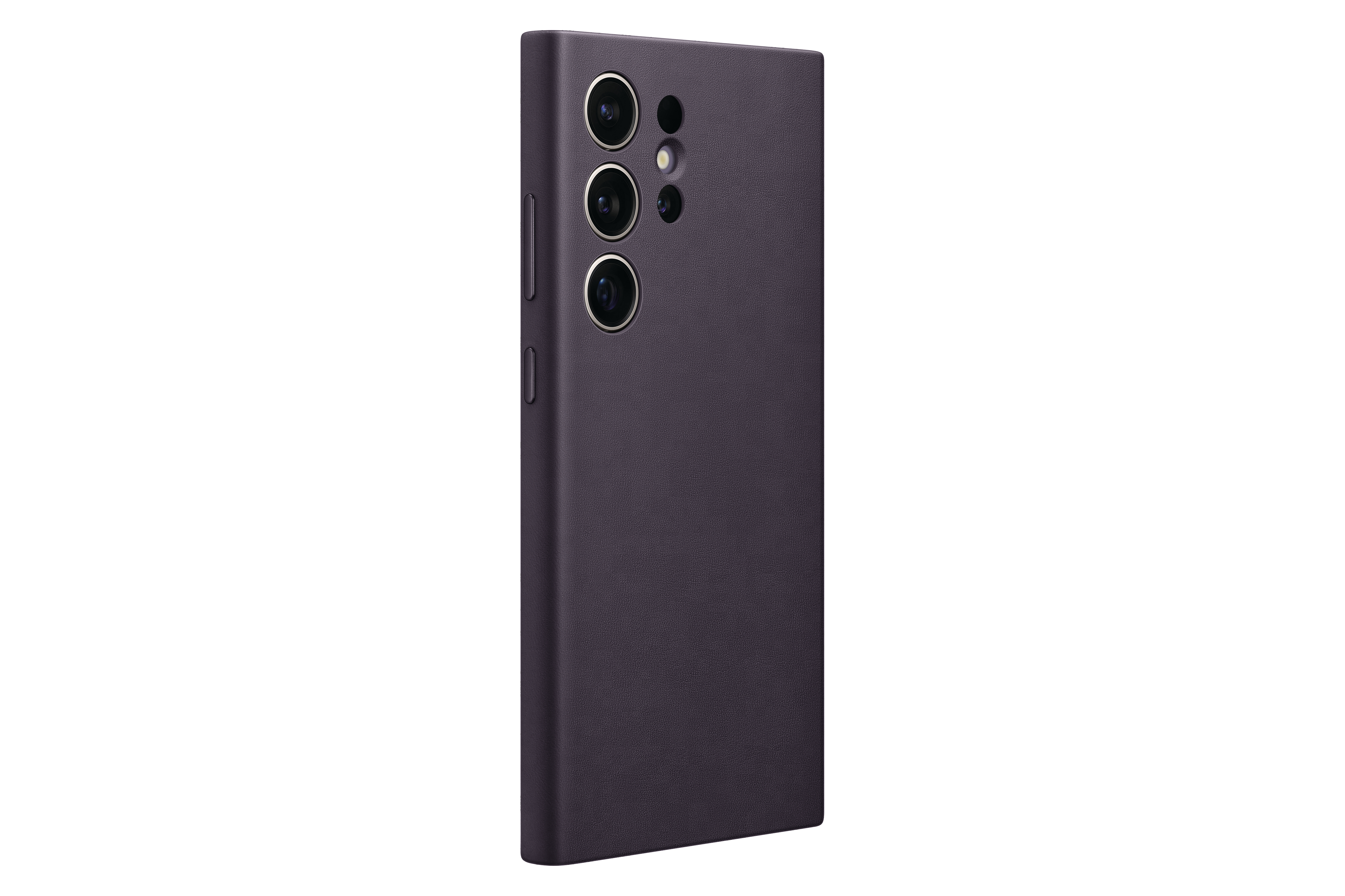 Lila Samsung-Telefon mit drei Kameras. Das Samsung-Logo ist auf der Rückseite sichtbar.
