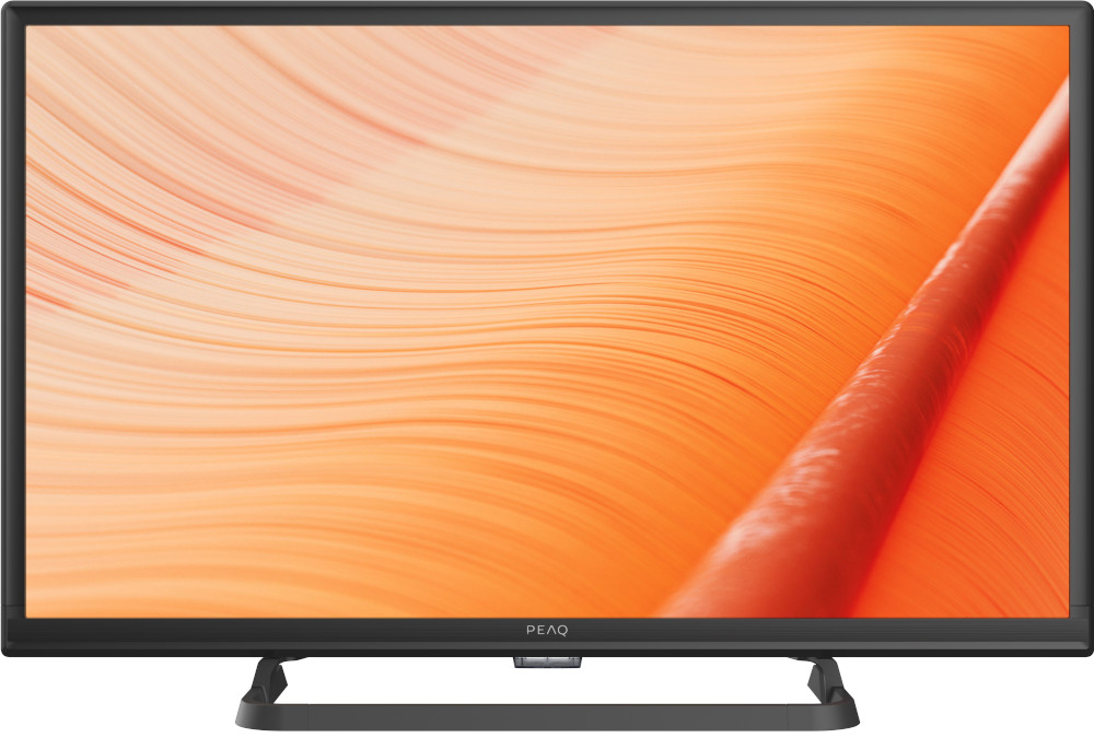 Téléviseur à écran plat avec cadre et pied noirs. L'écran affiche un motif abstrait orange et ondulé.
