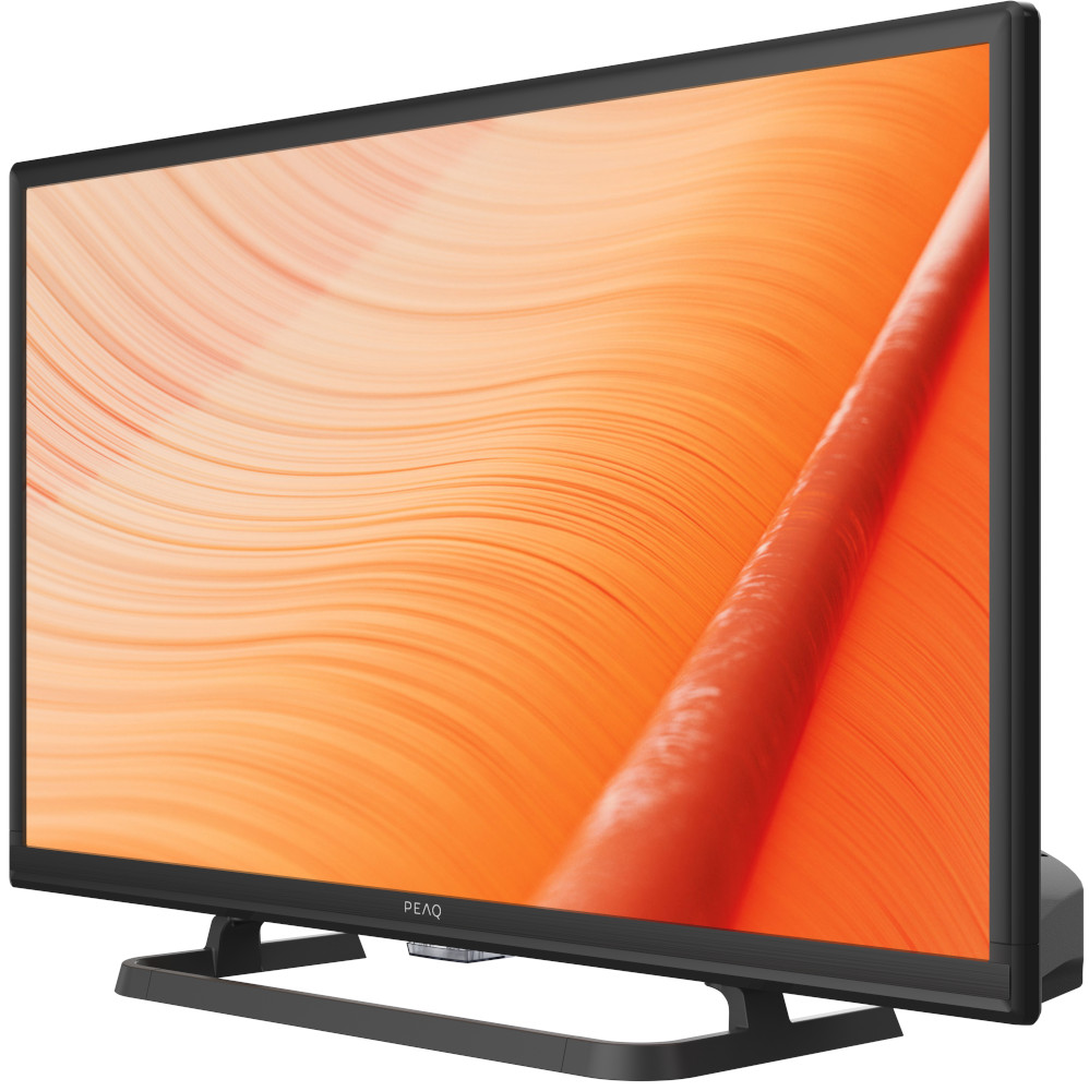 Téléviseur noir sur pied, image abstraite orange sur l'écran.