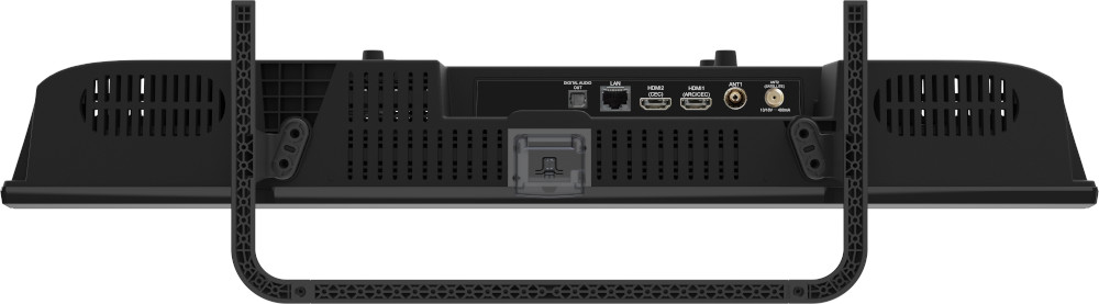 Arrière d'un téléviseur noir avec ports, aérations et une poignée.