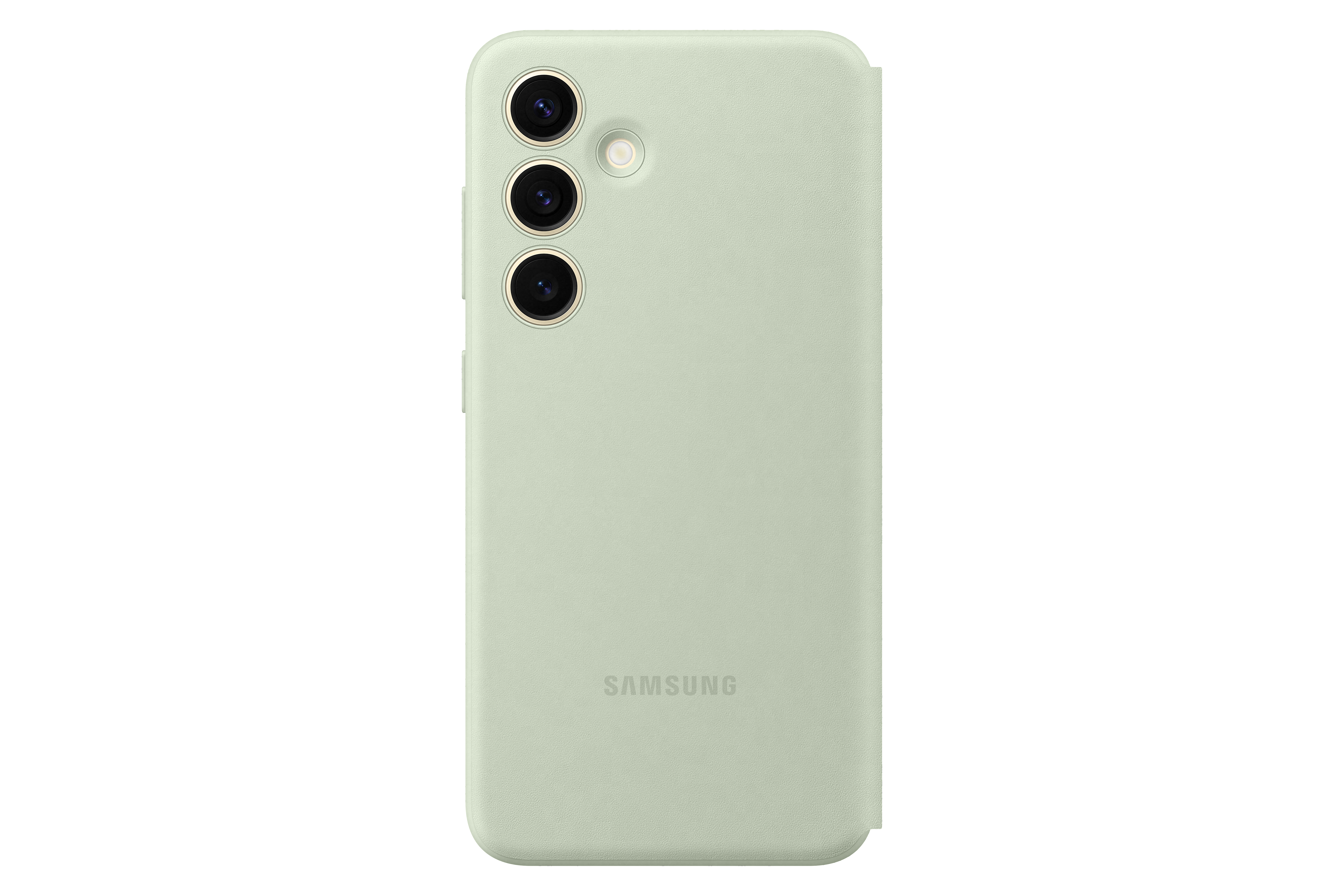 Ein hellgrünes Samsung-Telefon, Rückansicht. Drei Rückkameras. 'SAMSUNG' steht unten.