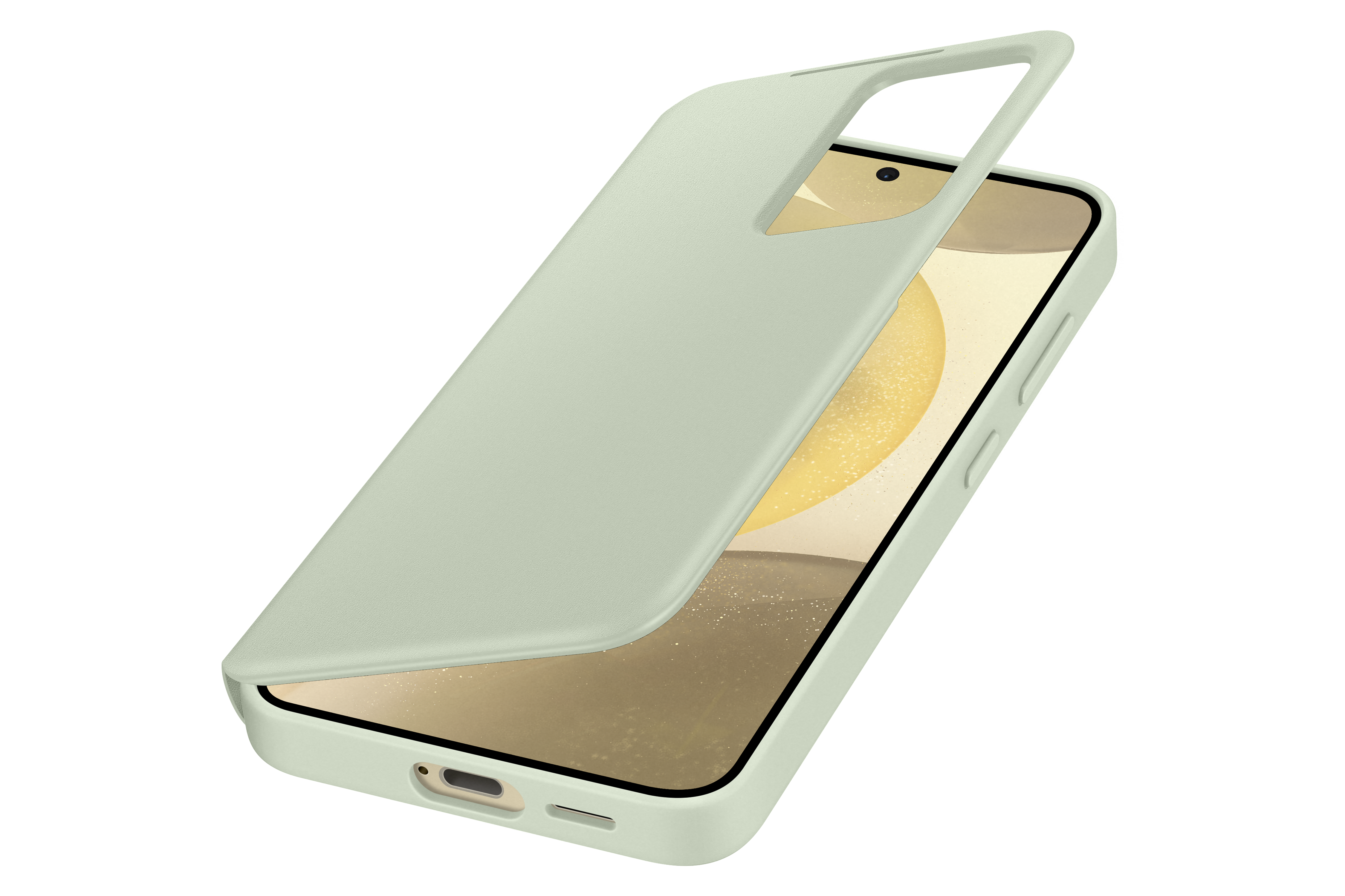 Telefon mit mintgrüner Hülle. Die Hülle ist leicht geöffnet, um das Telefon zu zeigen.