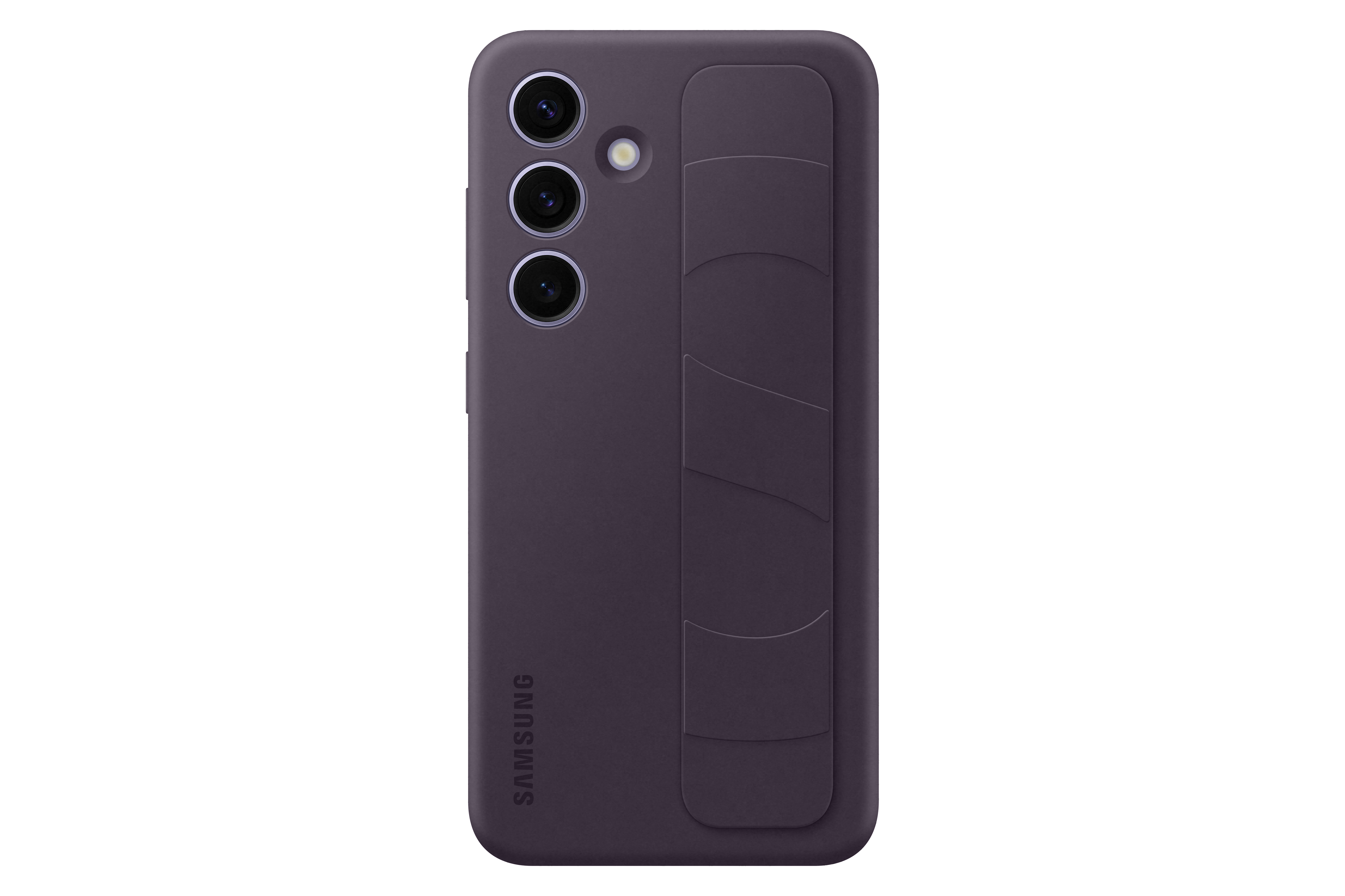 Eine dunkelviolette Handyhülle mit drei Kameralöchern und einem SAMSUNG-Logo. Schwarzer Hintergrund.