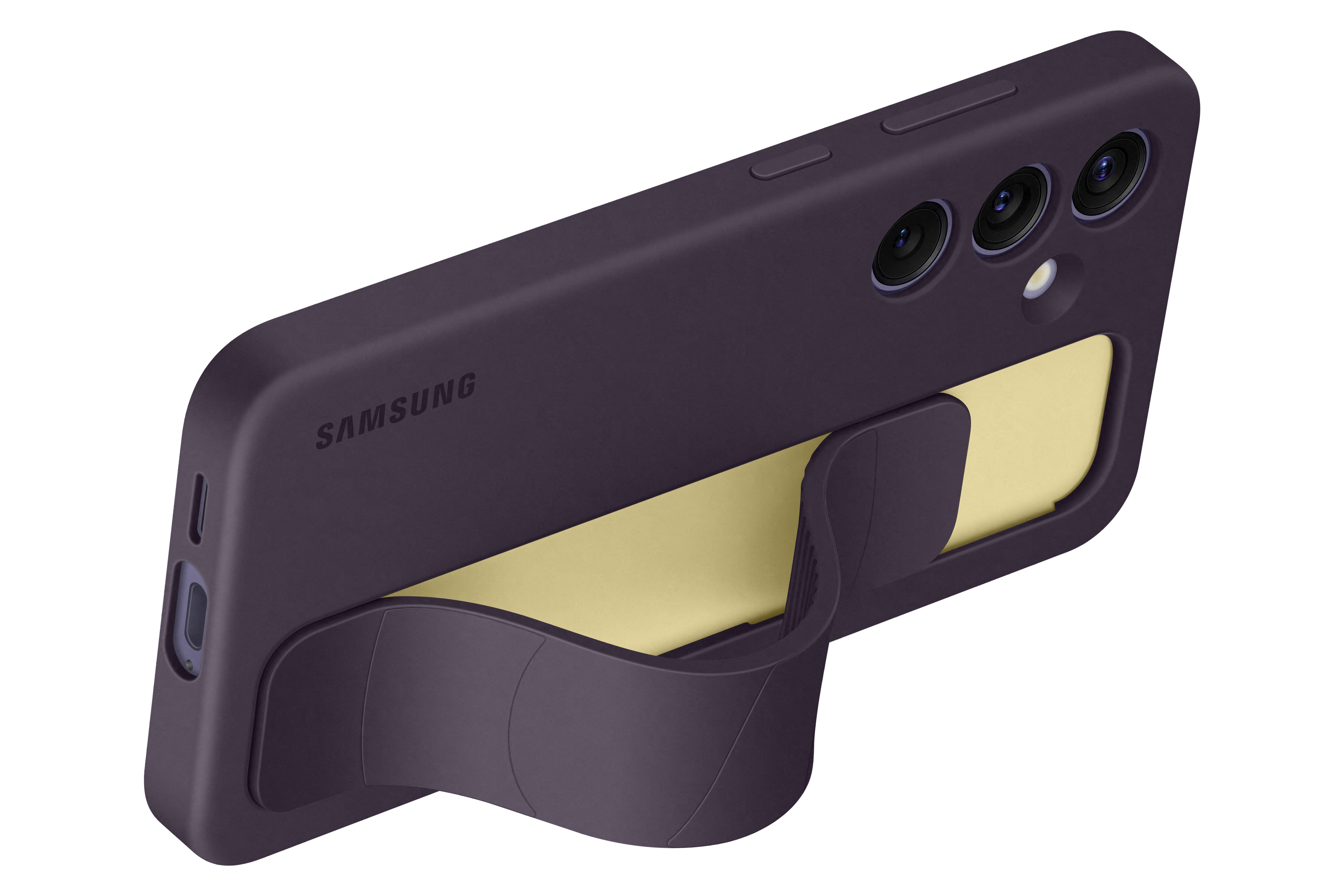 Lila Handyhülle mit Handschlaufe und drei Kameras. Das Samsung-Logo ist sichtbar.