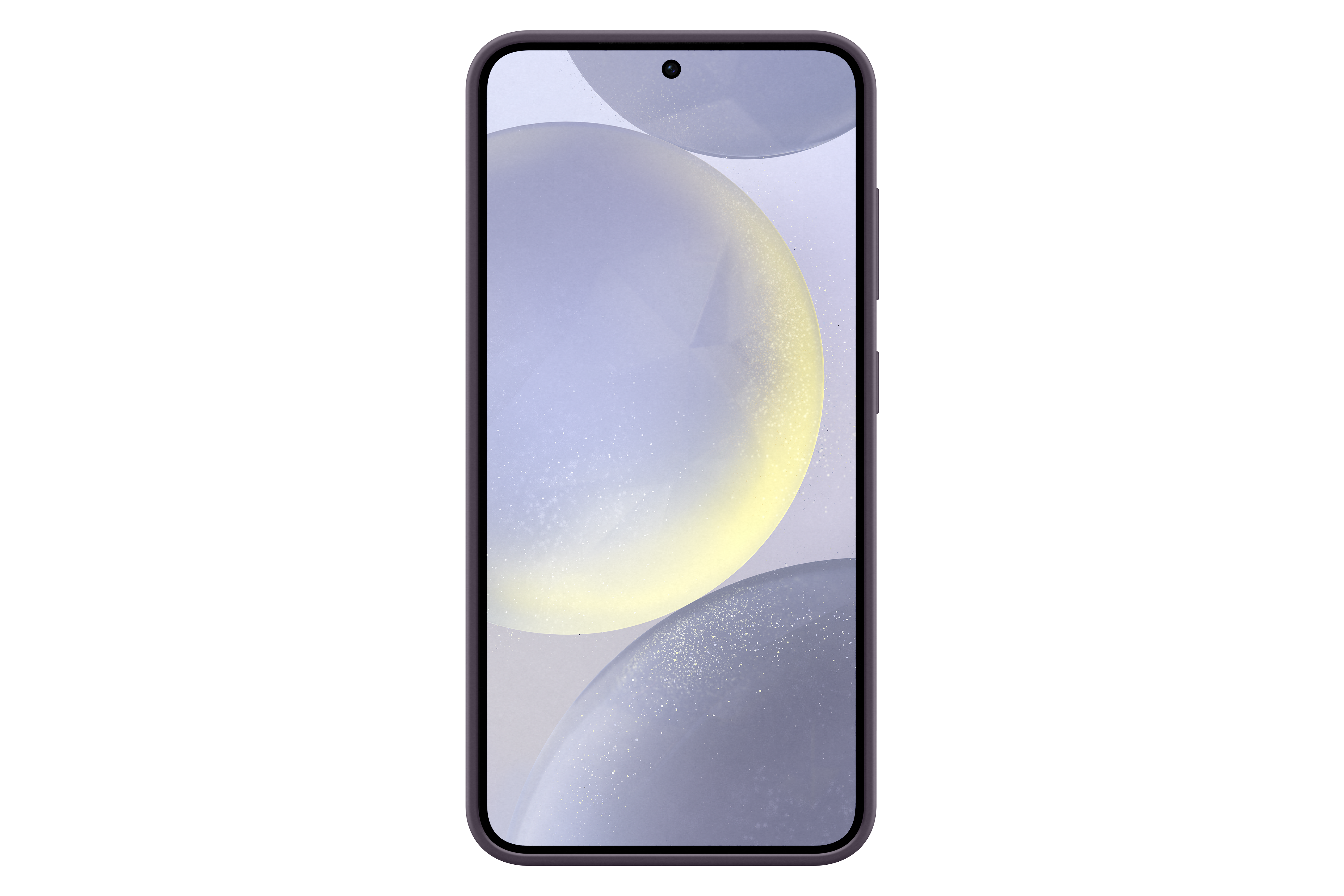 Der Bildschirm eines Smartphones zeigt abstrakte Kugeln. Das Telefon befindet sich in einem dunkelvioletten Gehäuse.