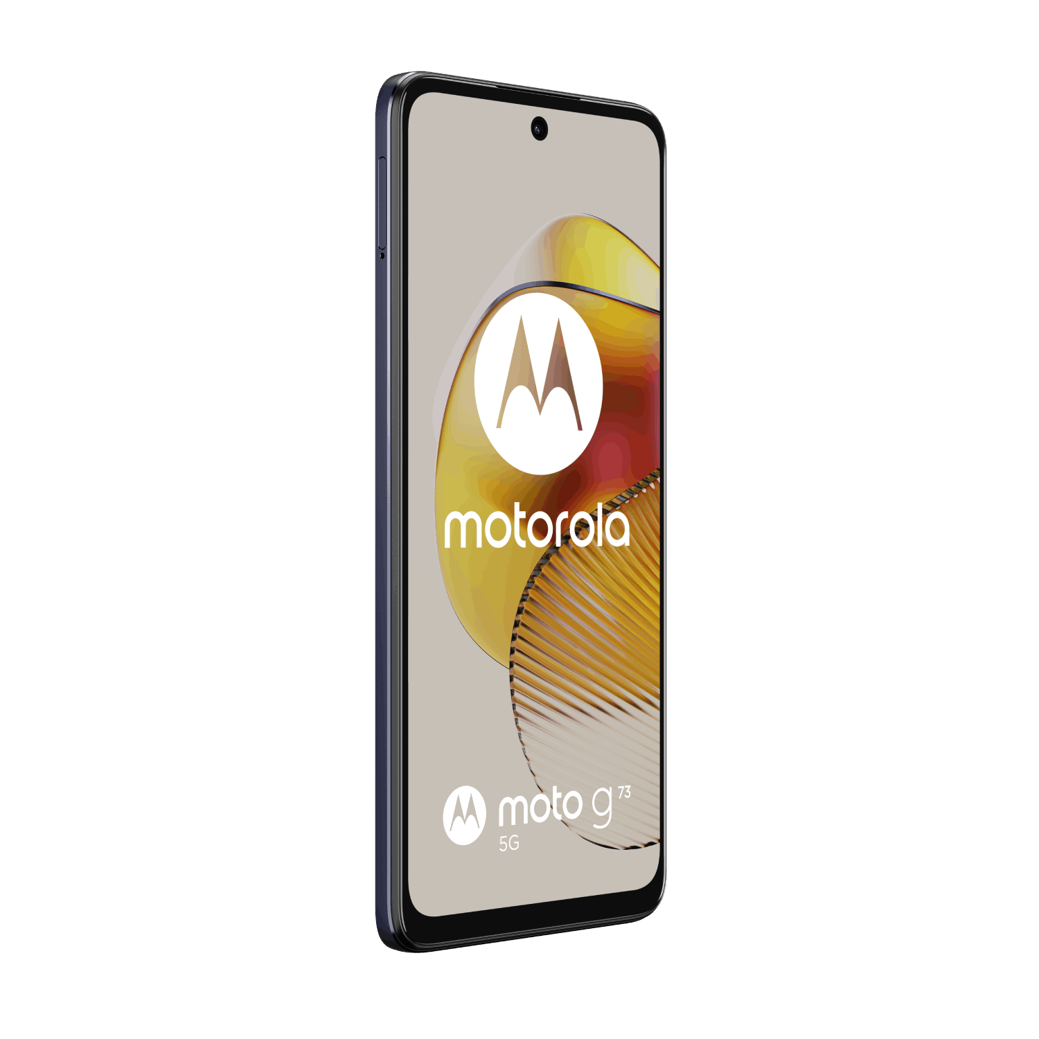 Teléfono Motorola en un entorno oscuro. El teléfono es azul oscuro y tiene un gran logo de Motorola.