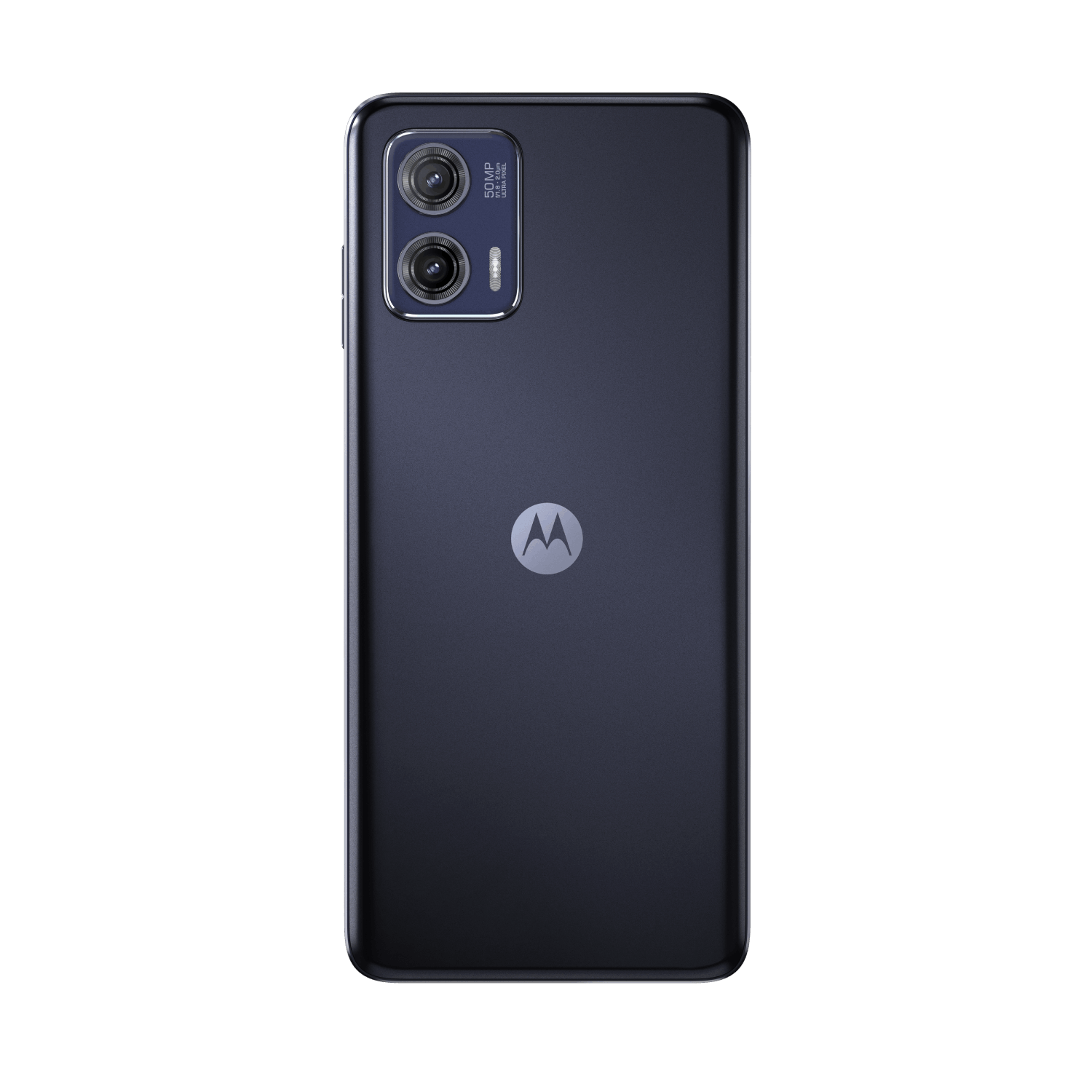 La parte trasera de un smartphone Motorola azul oscuro.