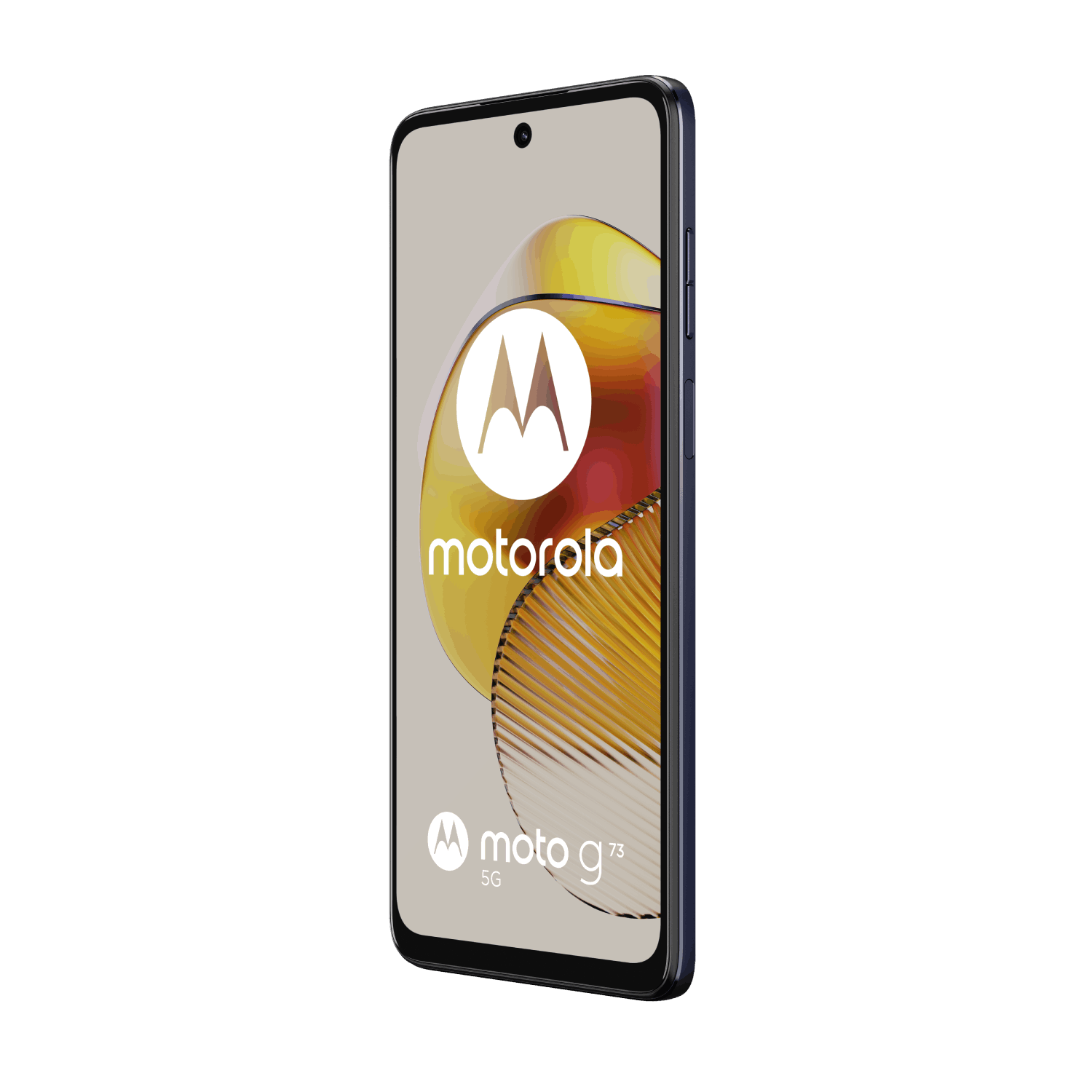 Teléfono Motorola, marco negro, pantalla con logotipo y patrón borroso, sobre fondo negro.