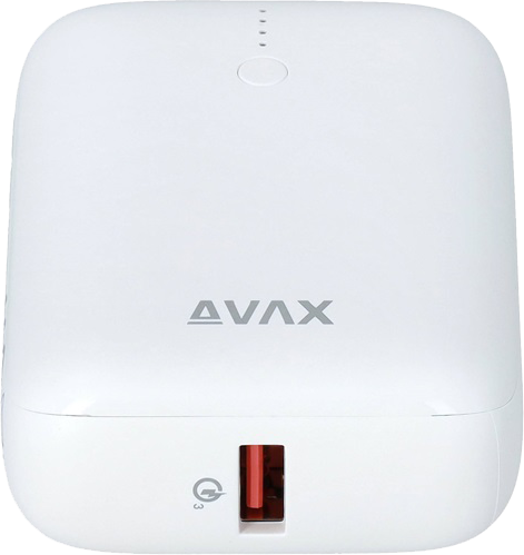 Fehér power bank Avax logóval és piros USB porttal.