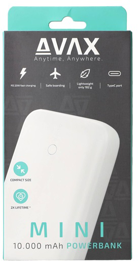 Fehér power bank doboz. Szöveg: 'AVAX Mini Powerbank'. Gyors töltés, port ikonok.