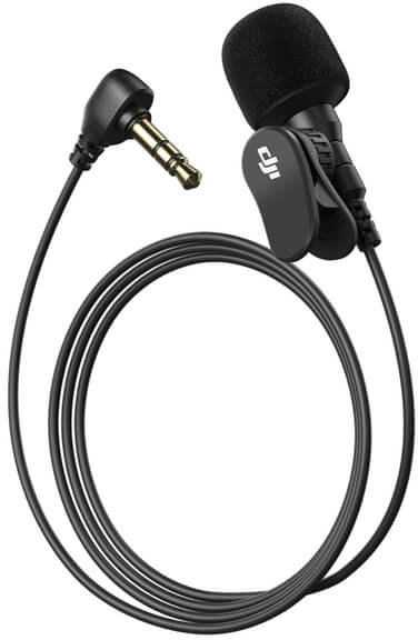 Schwarzes Mikrofon. Enthält ein Mikrofon, einen Clip und ein Kabel mit vergoldetem Stecker.