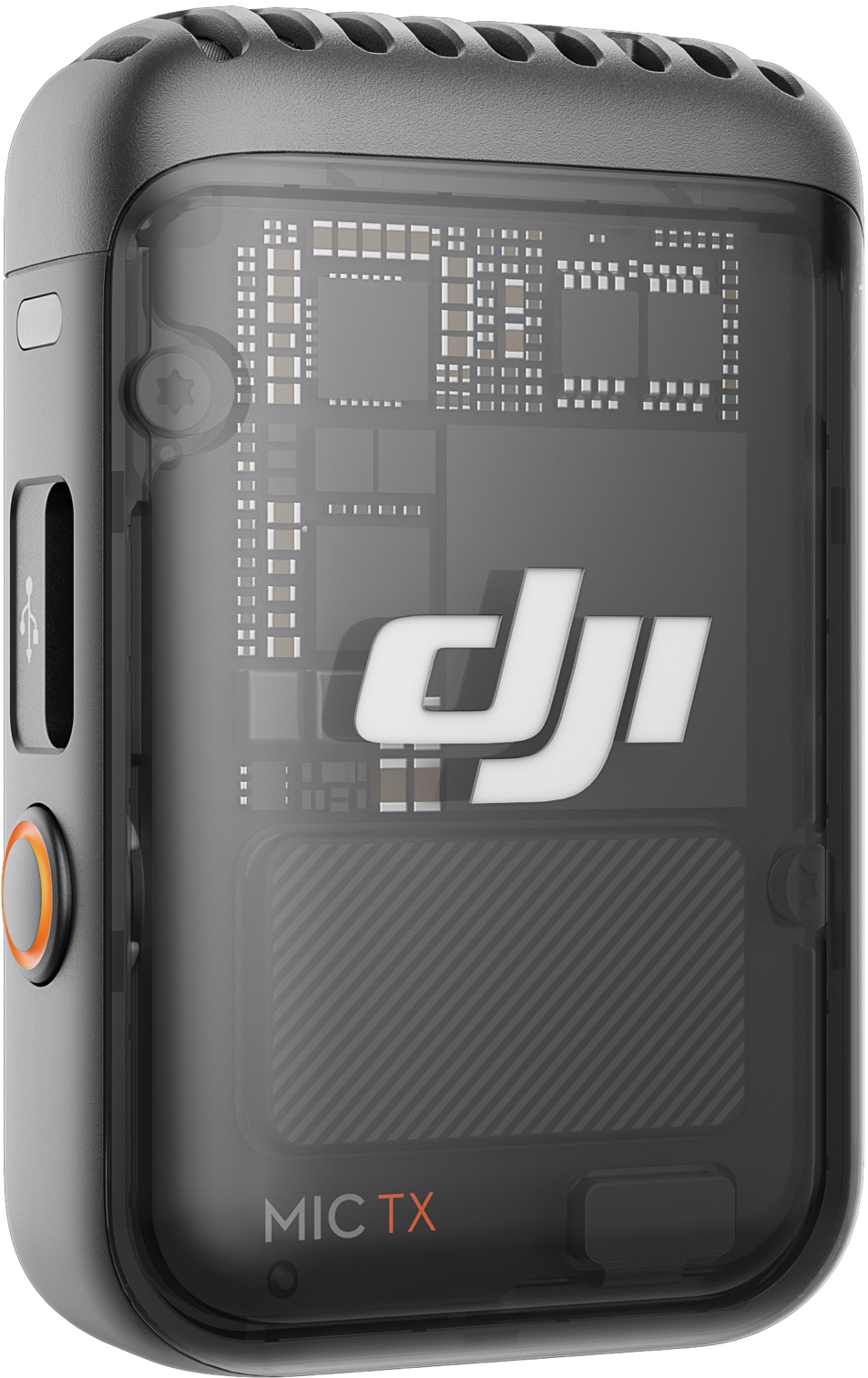 Ein graues und klares DJI Mic TX, das interne Schaltkreise und einen Power-Knopf zeigt.