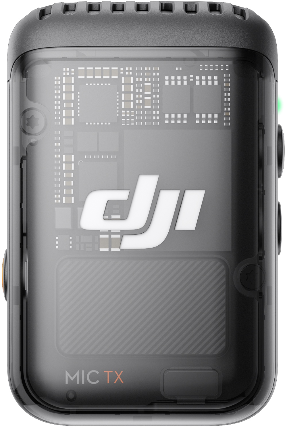 Ein DJI Mic TX-Gerät. Es ist transparent, mit sichtbaren internen Komponenten.