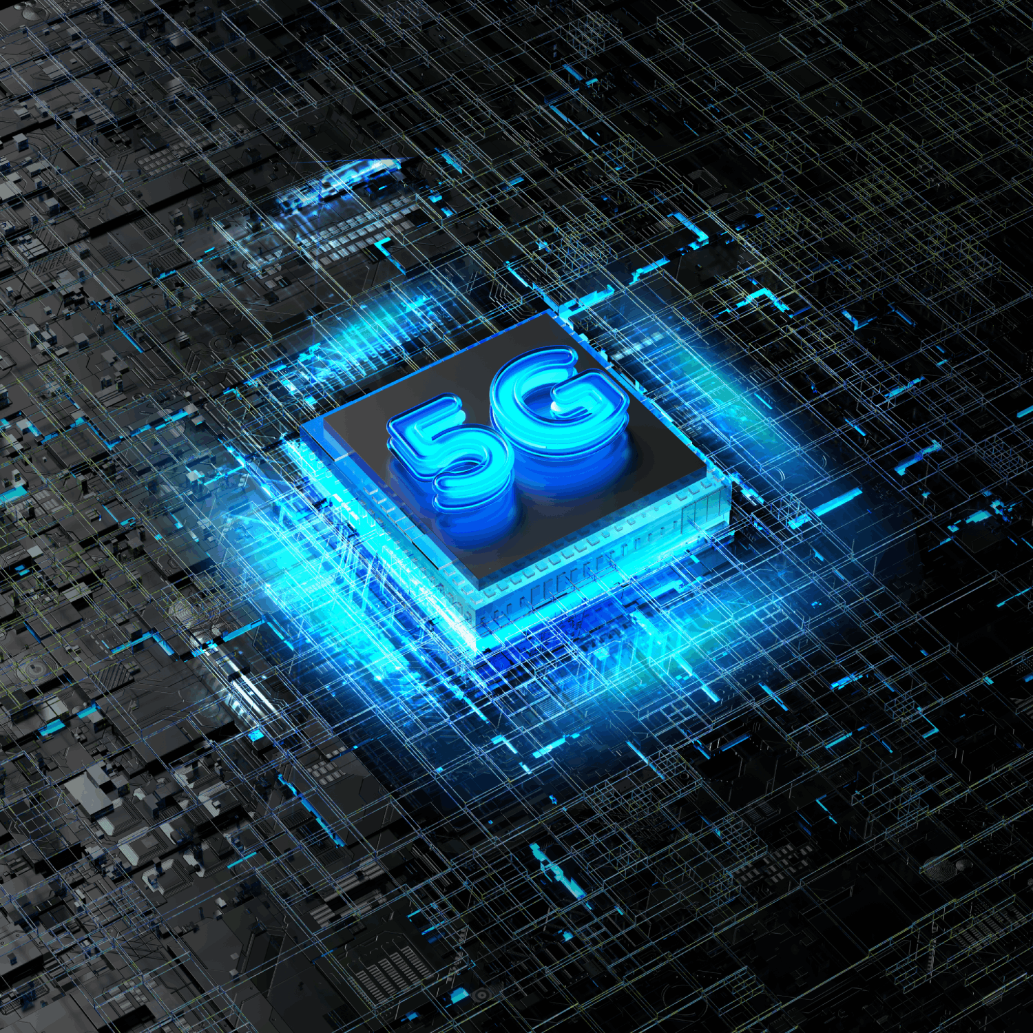Un chip 5G azul brillante en una placa de circuito oscura.