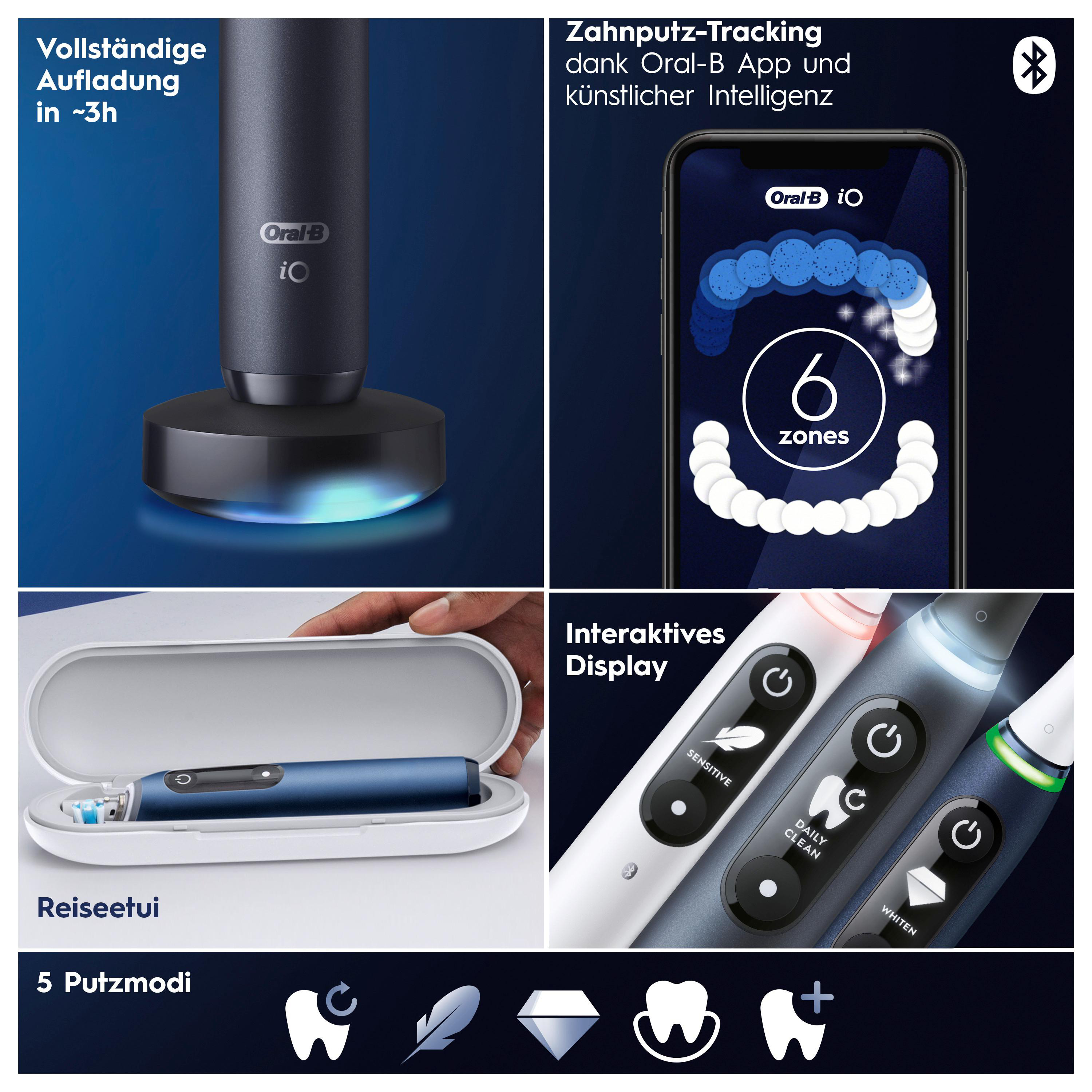 Collage aus elektrischer Zahnbürste, Ladestation und App-Oberfläche auf einem Telefon.