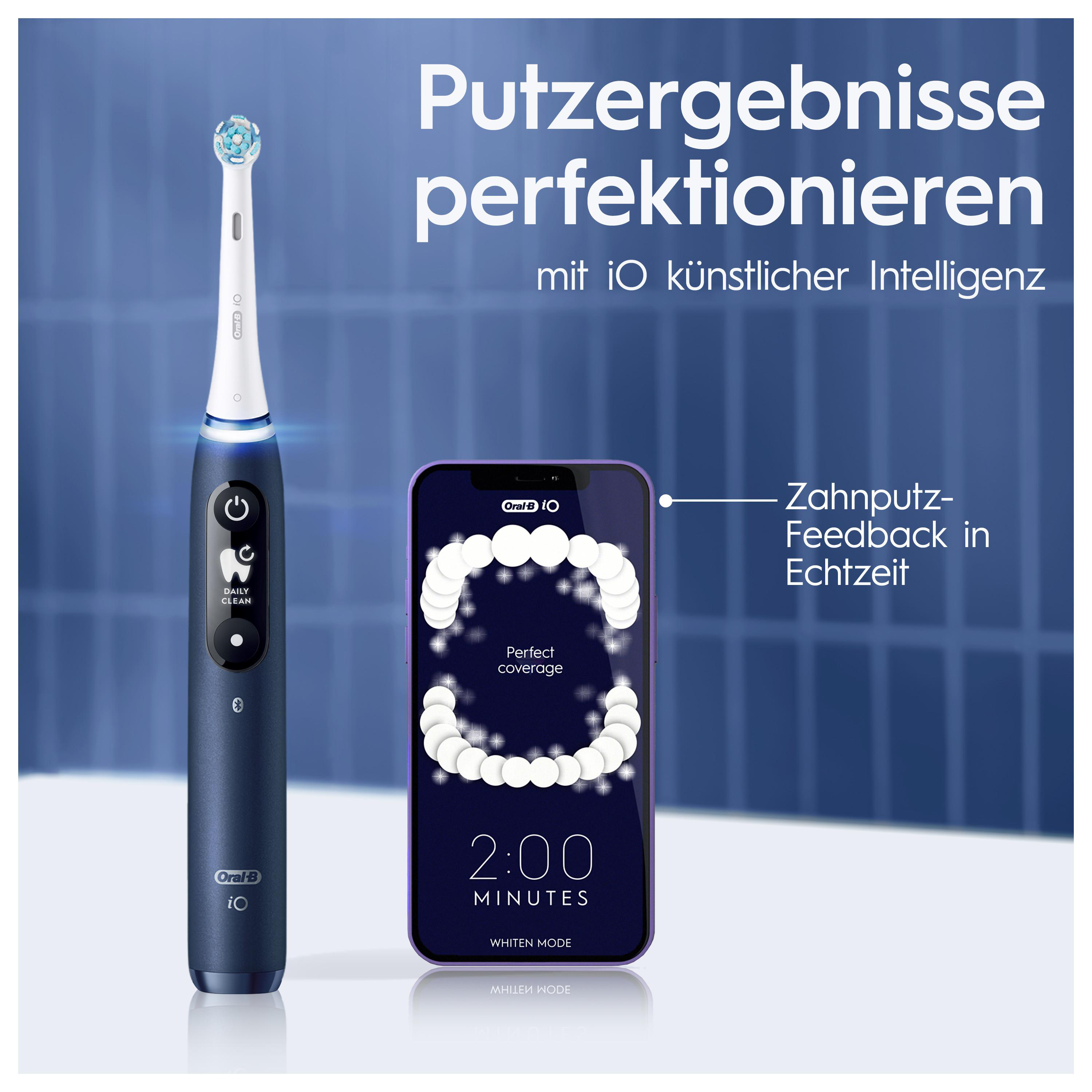 Elektrische Zahnbürste mit Telefon, das den Fortschritt der Zahnreinigung anzeigt. Text auf Deutsch.