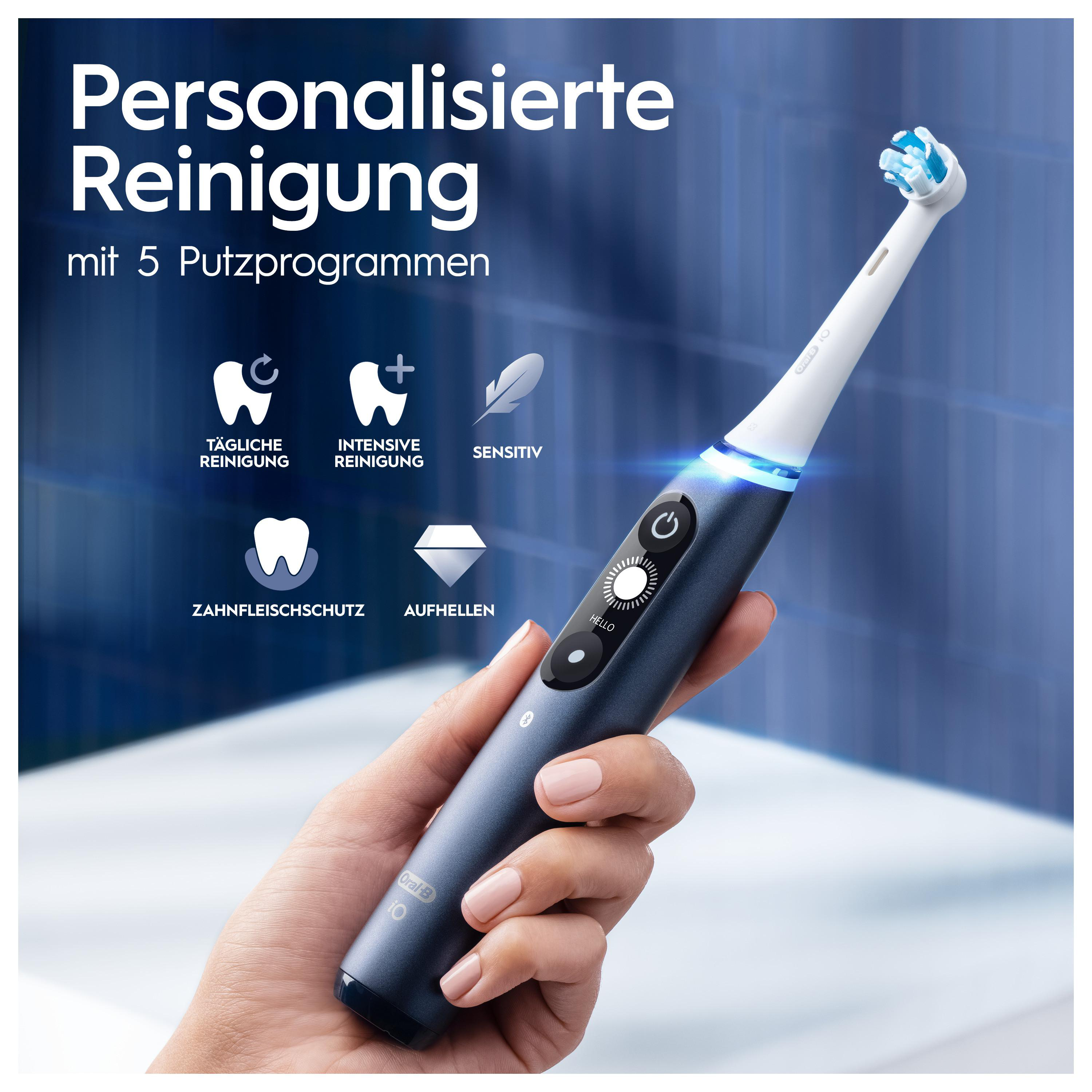 Eine Hand hält eine blaue Zahnbürste mit weißem Griff. Text auf Deutsch. Blauer Hintergrund.