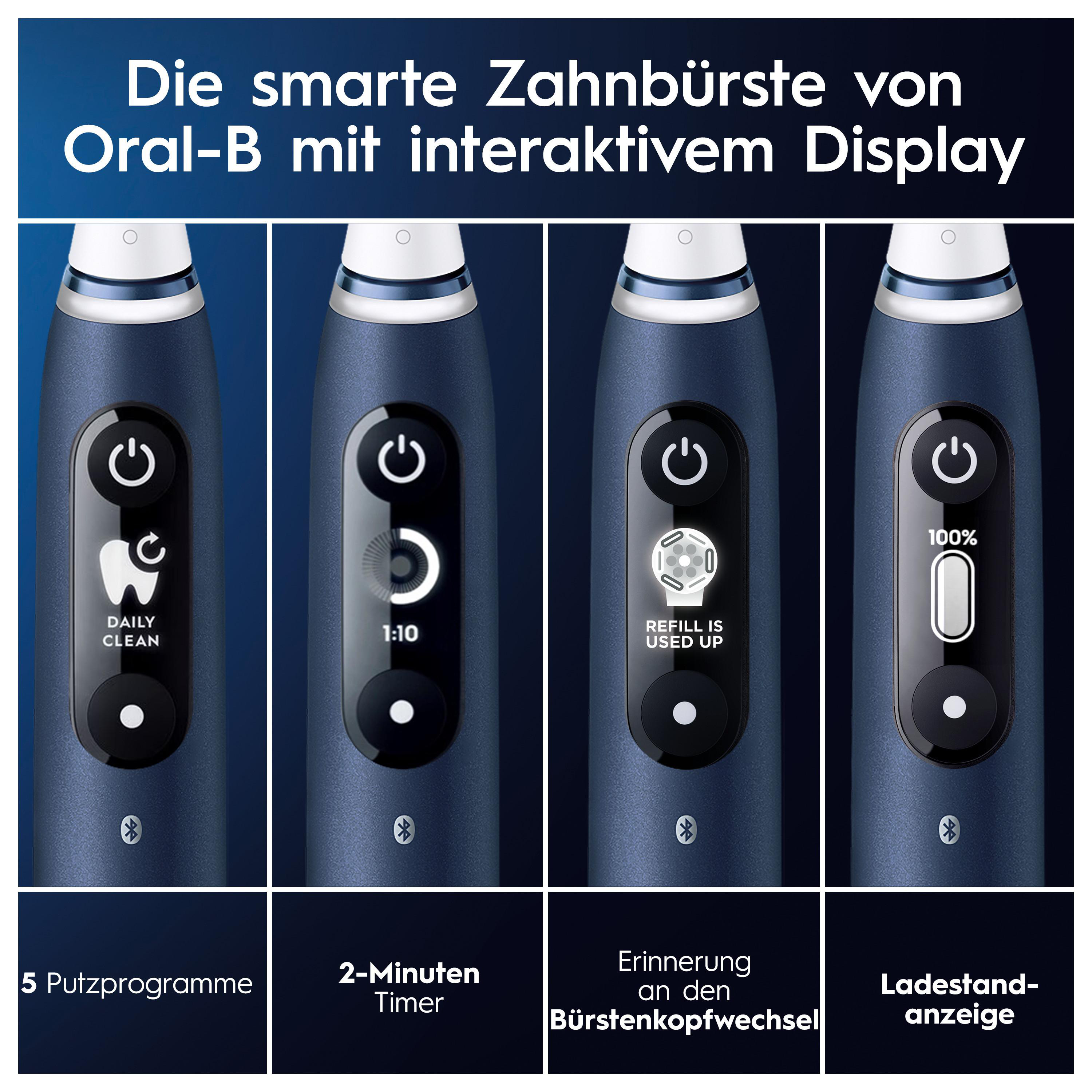 Vier elektrische Zahnbürstenköpfe mit verschiedenen Anzeigedisplays.