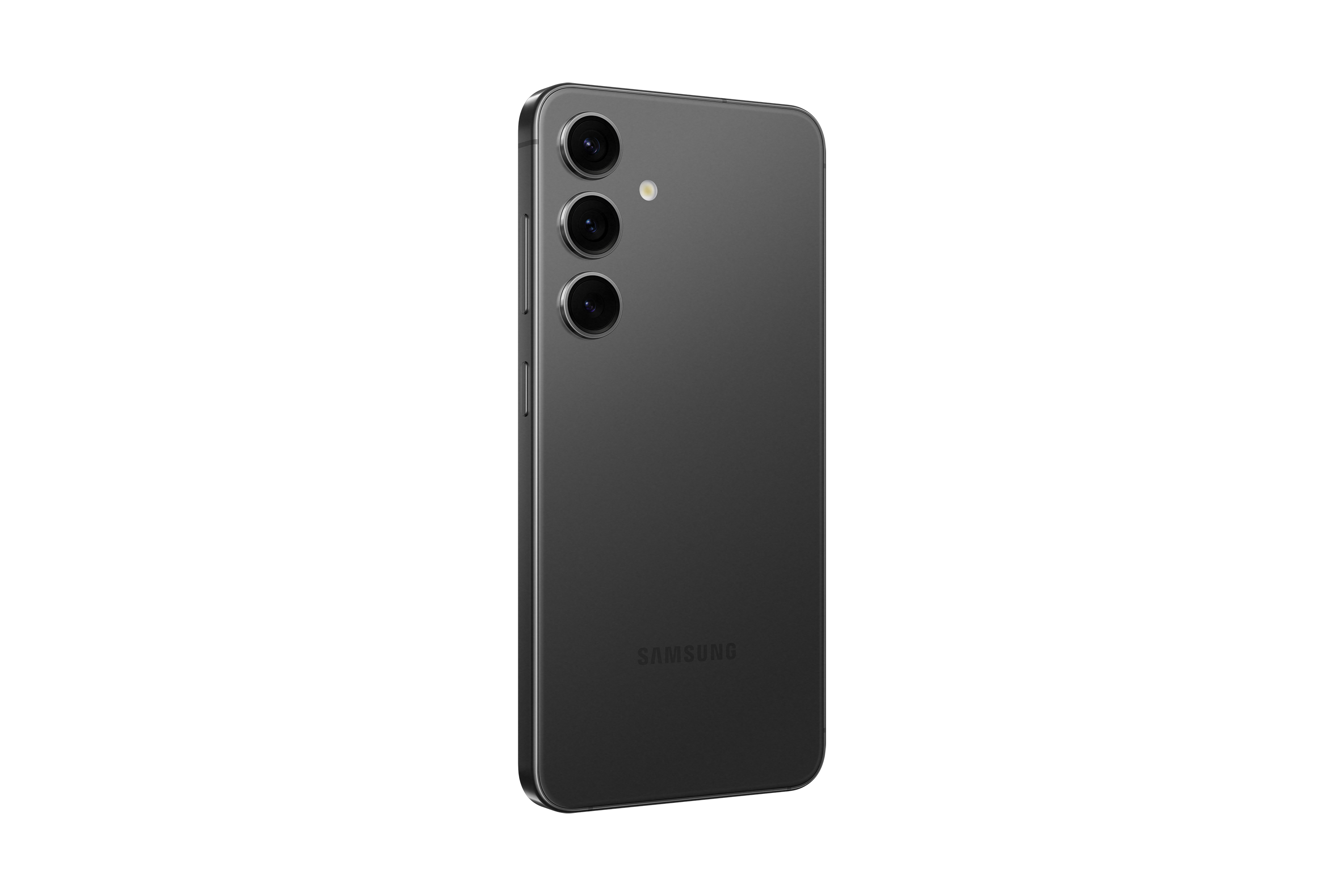 Schwarzes Telefon, Winkelansicht, drei Kameras. Samsung-Logo sichtbar.