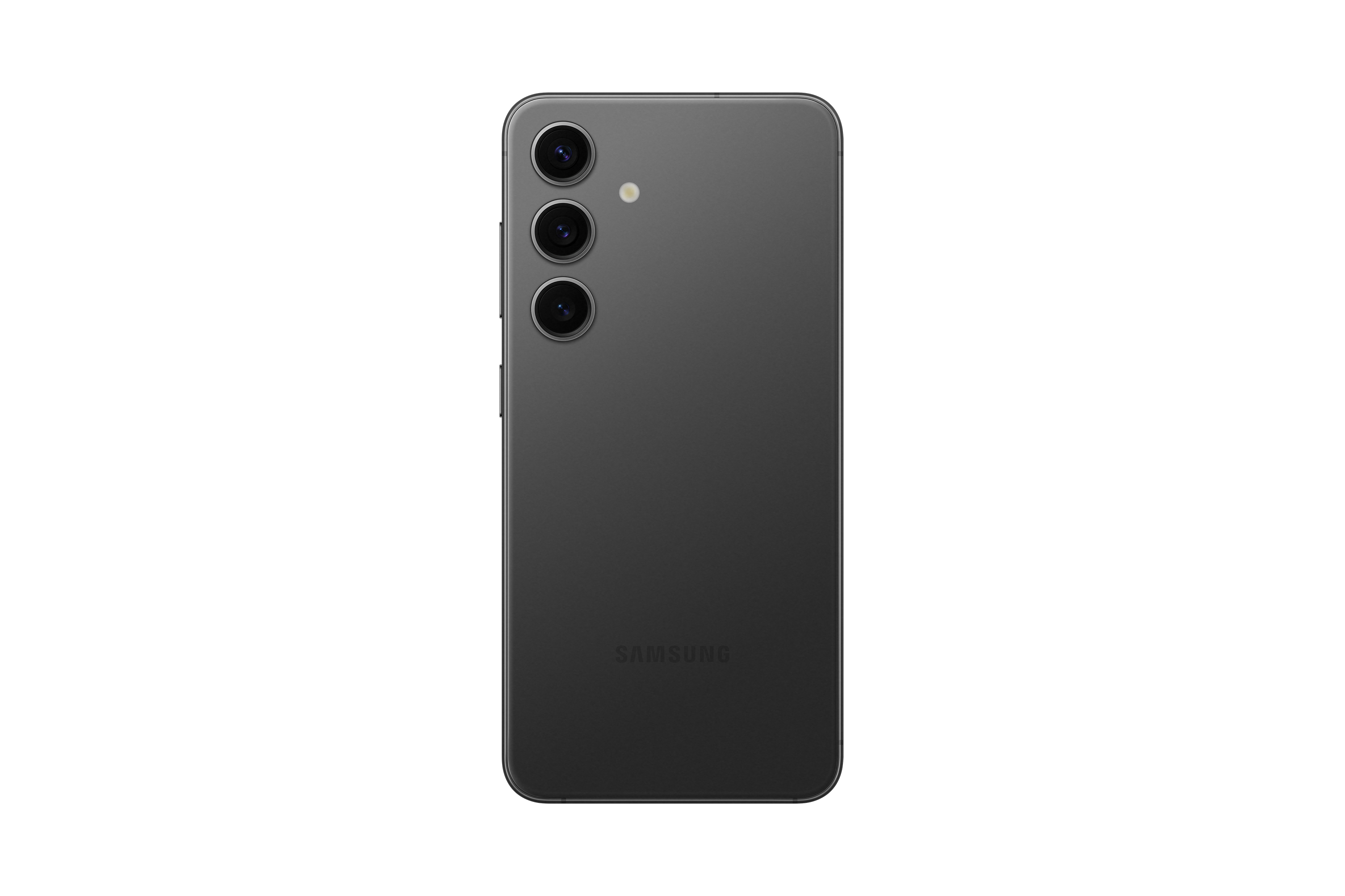 Schwarze Smartphone-Rückansicht. Drei Kameras und ein Samsung-Logo. Isoliert auf Weiß.