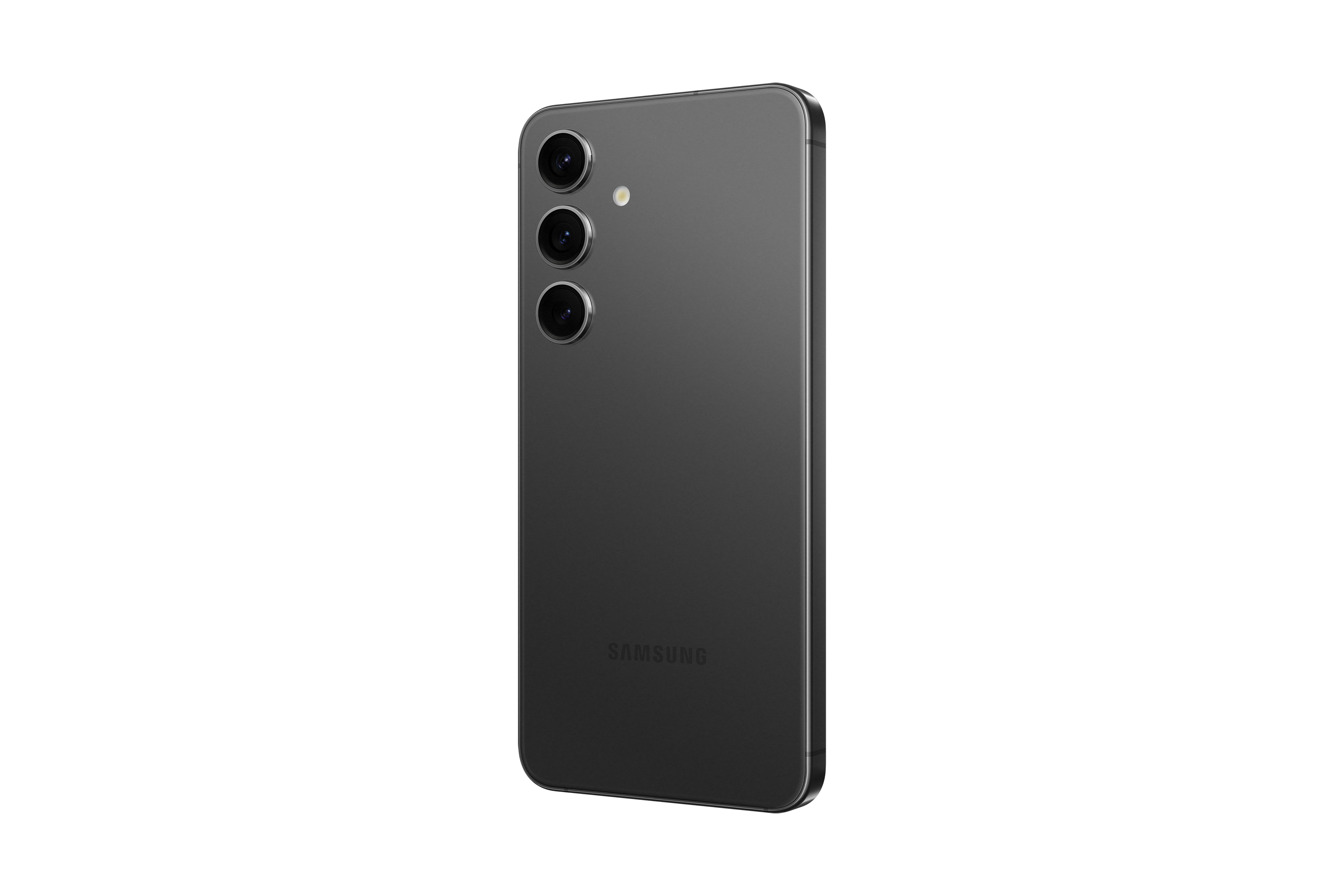 Schwarzes Smartphone, leicht angewinkelt, mit drei Rückkameras, auf weißem Hintergrund.