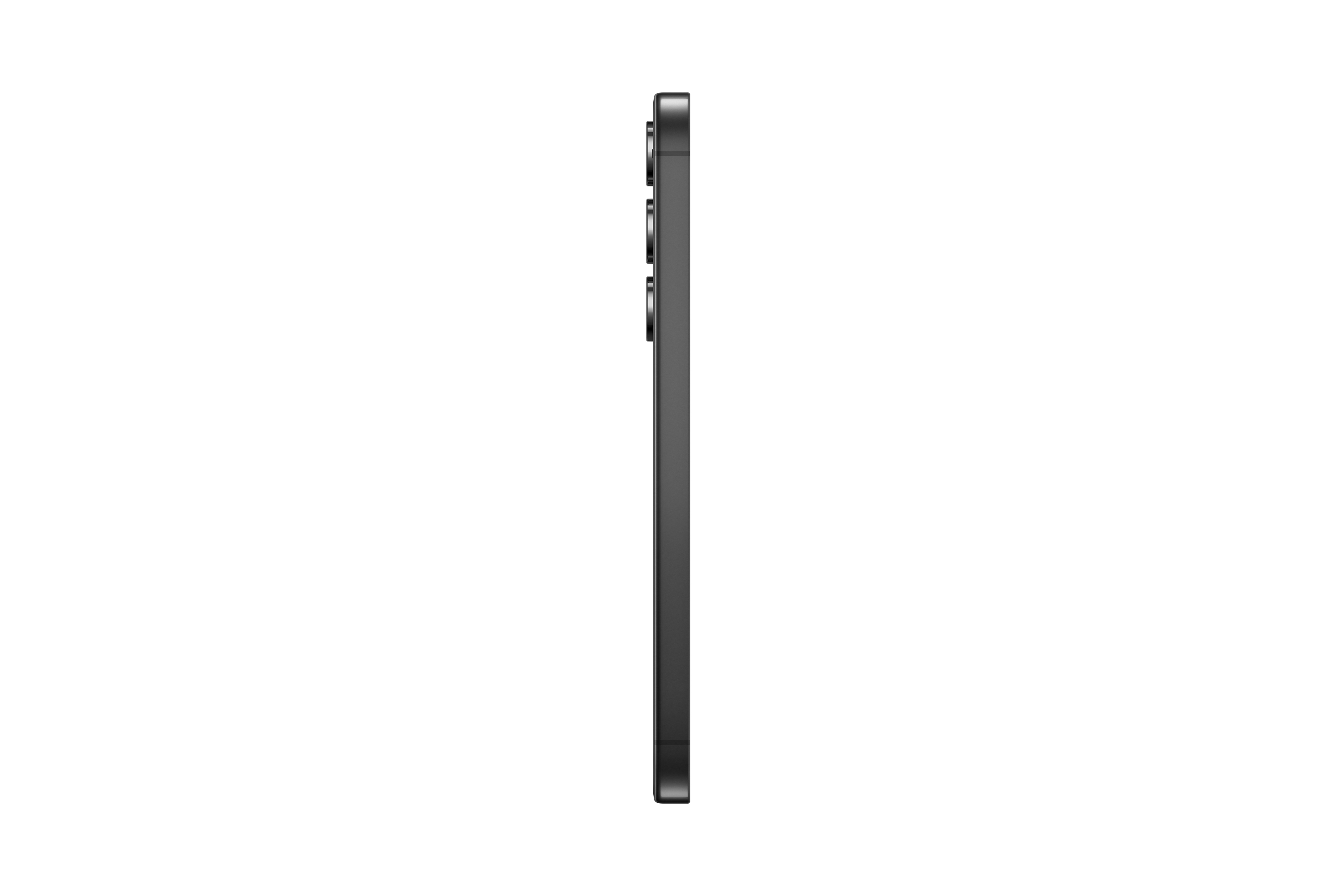 Seitenansicht eines Telefons in Schwarz. Das Telefon ist dünn mit Knöpfen an der Seite.