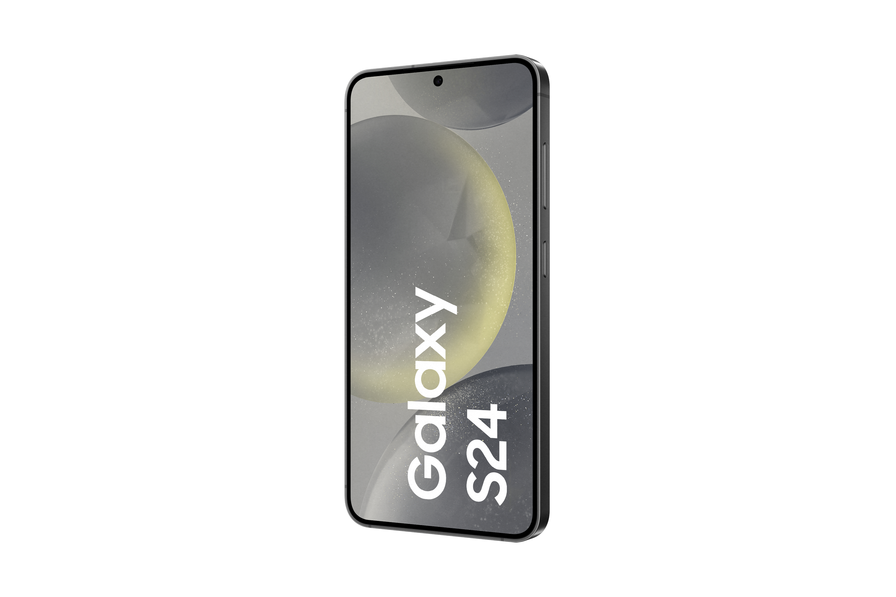 Galaxy S24 Telefon auf weißem Hintergrund, seitlich abgewinkelt.