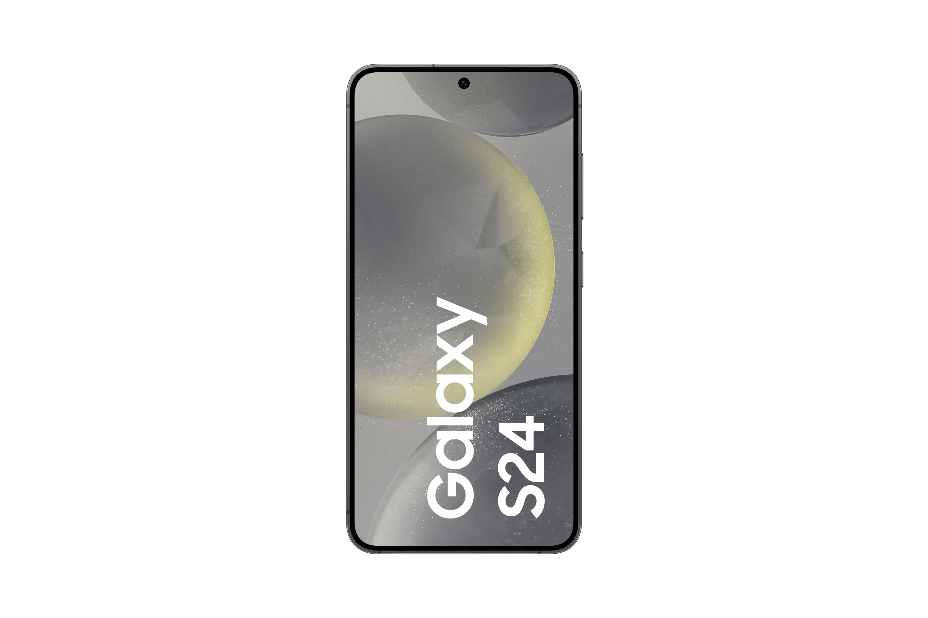 Smartphone mit dem Text 'Galaxy S24' auf dem Bildschirm, weißer Hintergrund.