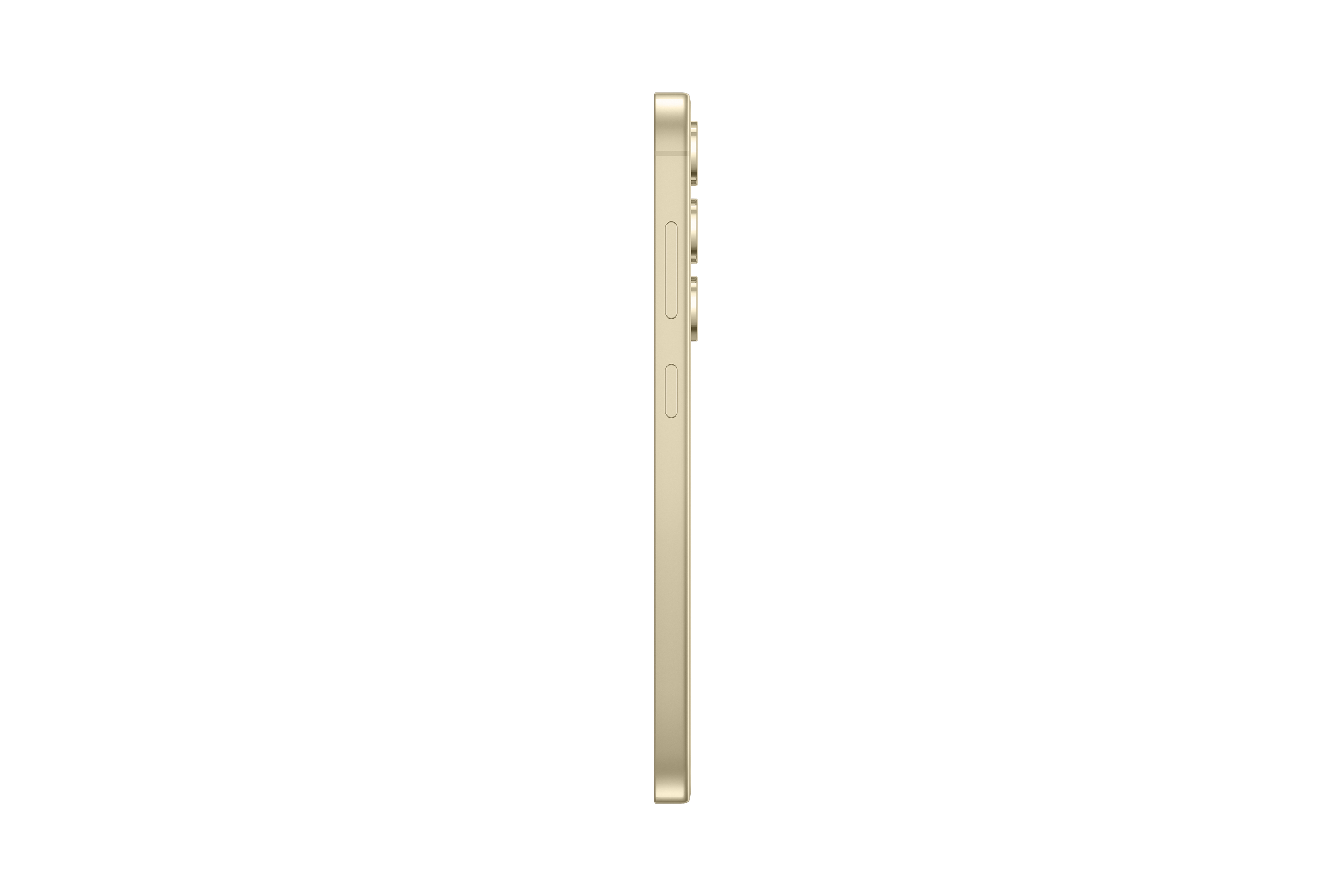 Ein goldfarbenes Telefon von der Seite gesehen, mit Knöpfen am Rand.