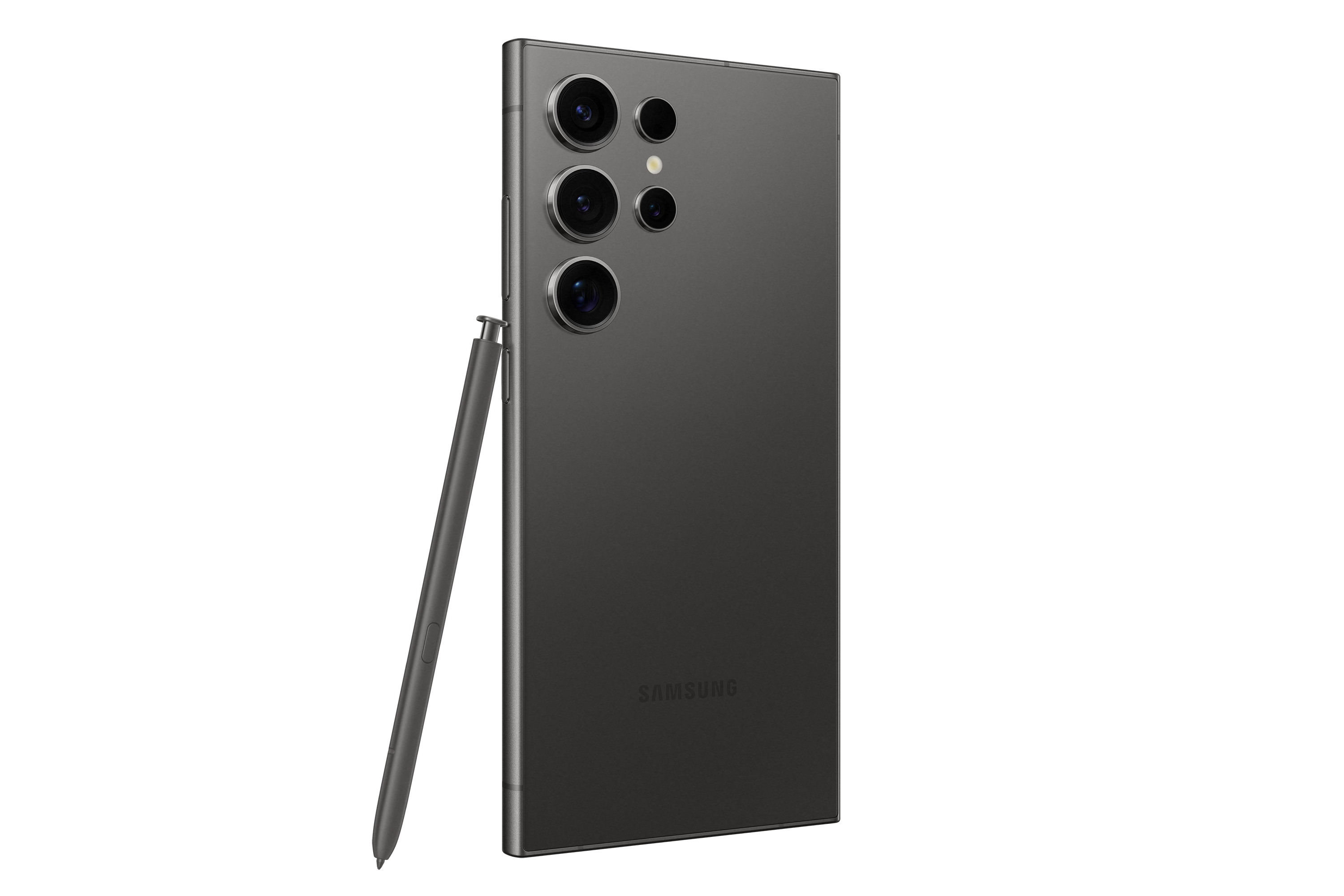 Dunkelgraues Smartphone mit mehreren Rückkameras und Stift, der leicht herausgezogen ist.