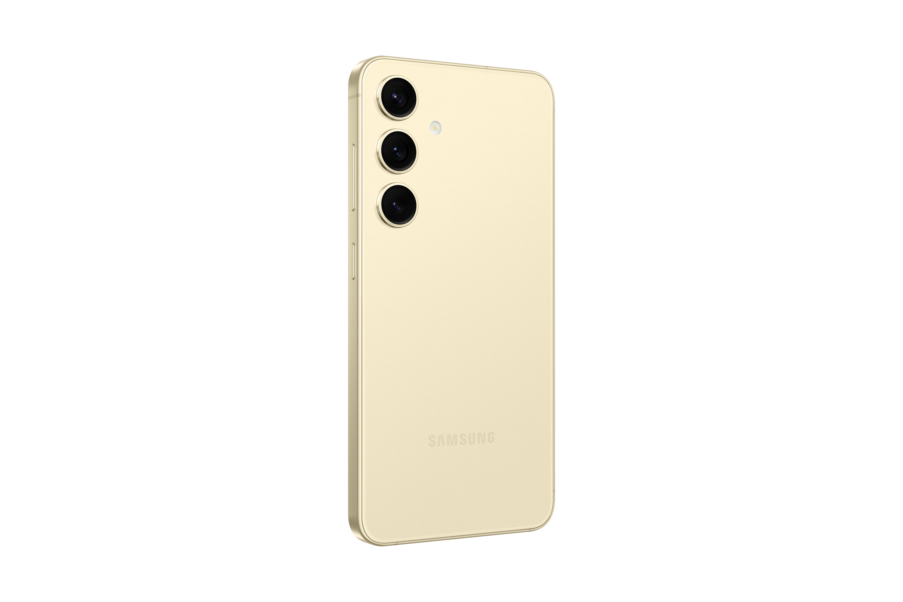 Goldenes Samsung-Telefon hinten mit drei Kameras. Weißer Hintergrund. Samsung-Logo unten.