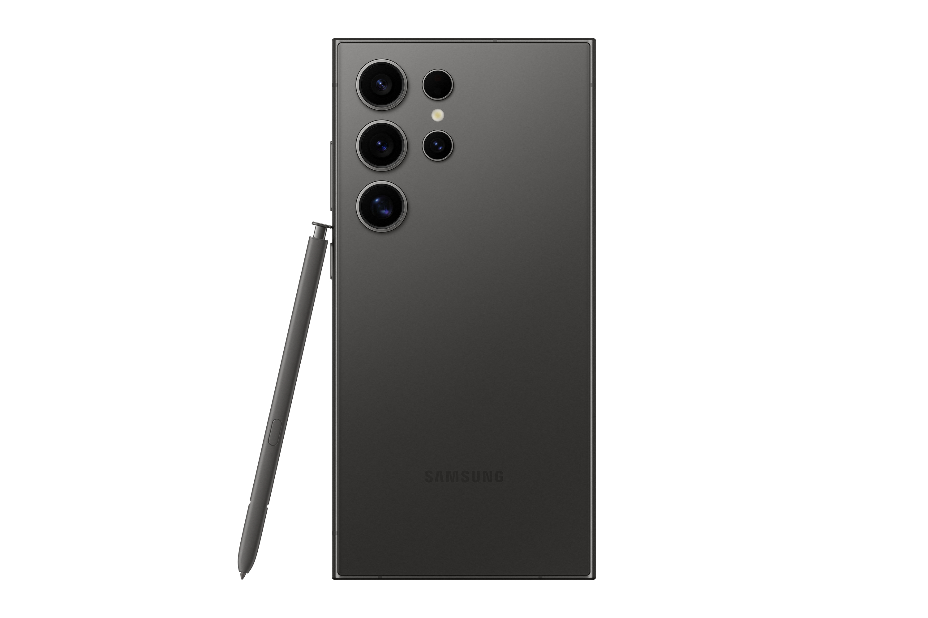 Die Rückseite eines dunkelgrauen Samsung-Telefons mit drei Kameras und einem Eingabestift.