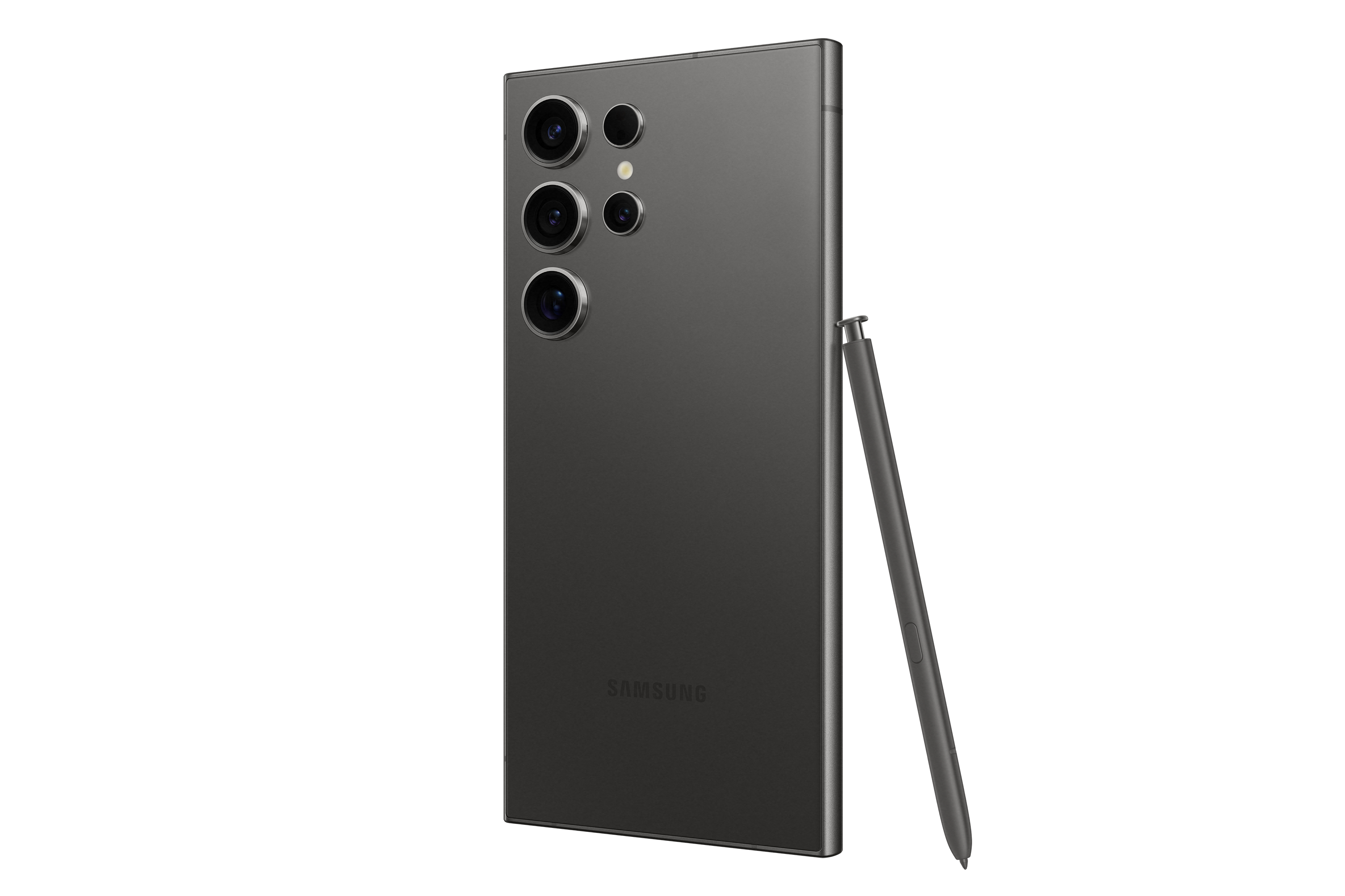 Ein dunkelgraues Smartphone mit Kamera und Stylus. Das Telefon ist angewinkelt und zeigt die Rückseite.