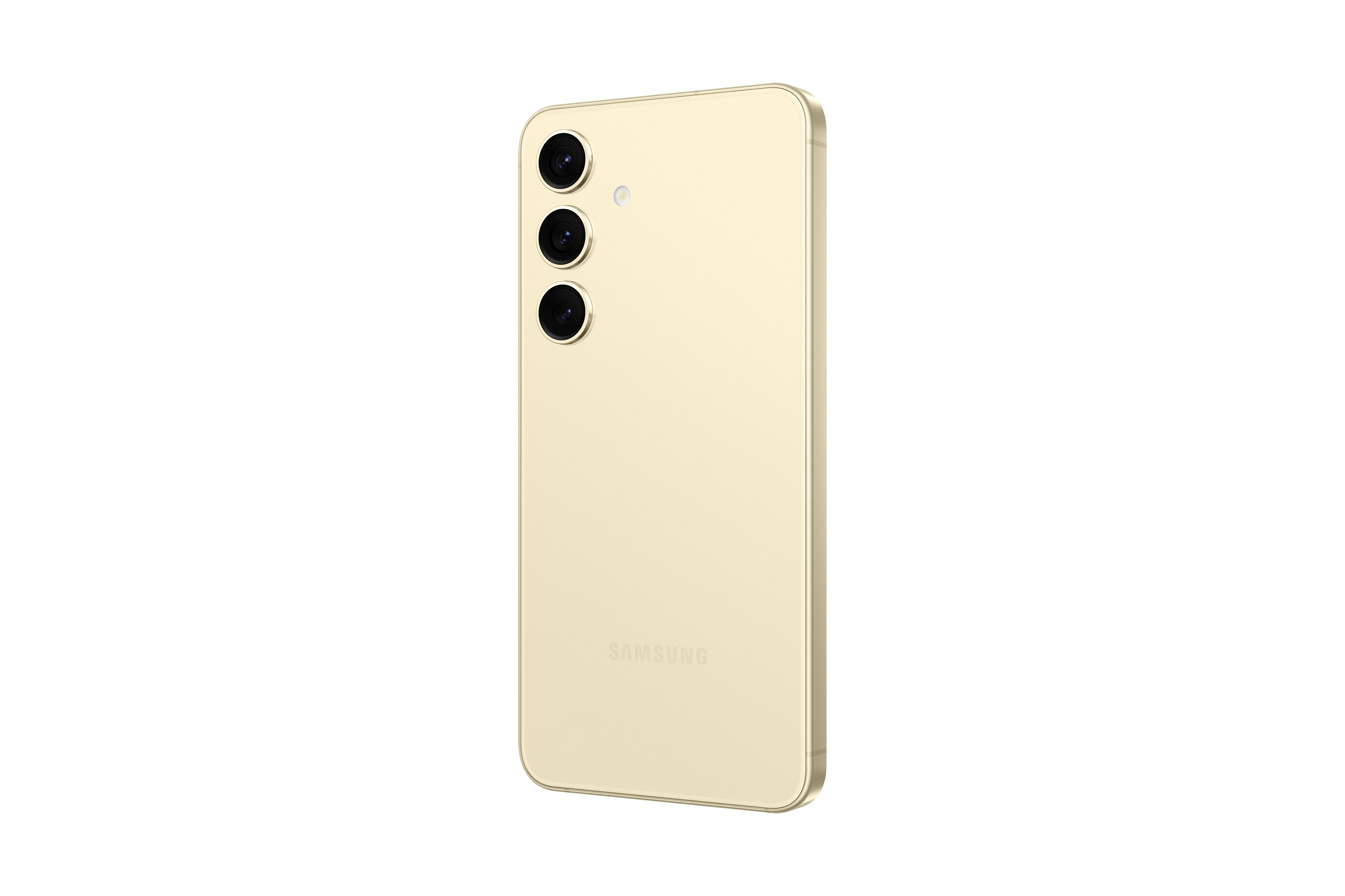 Goldenes Samsung-Handy hinten mit drei Kameras. Weißer Hintergrund.