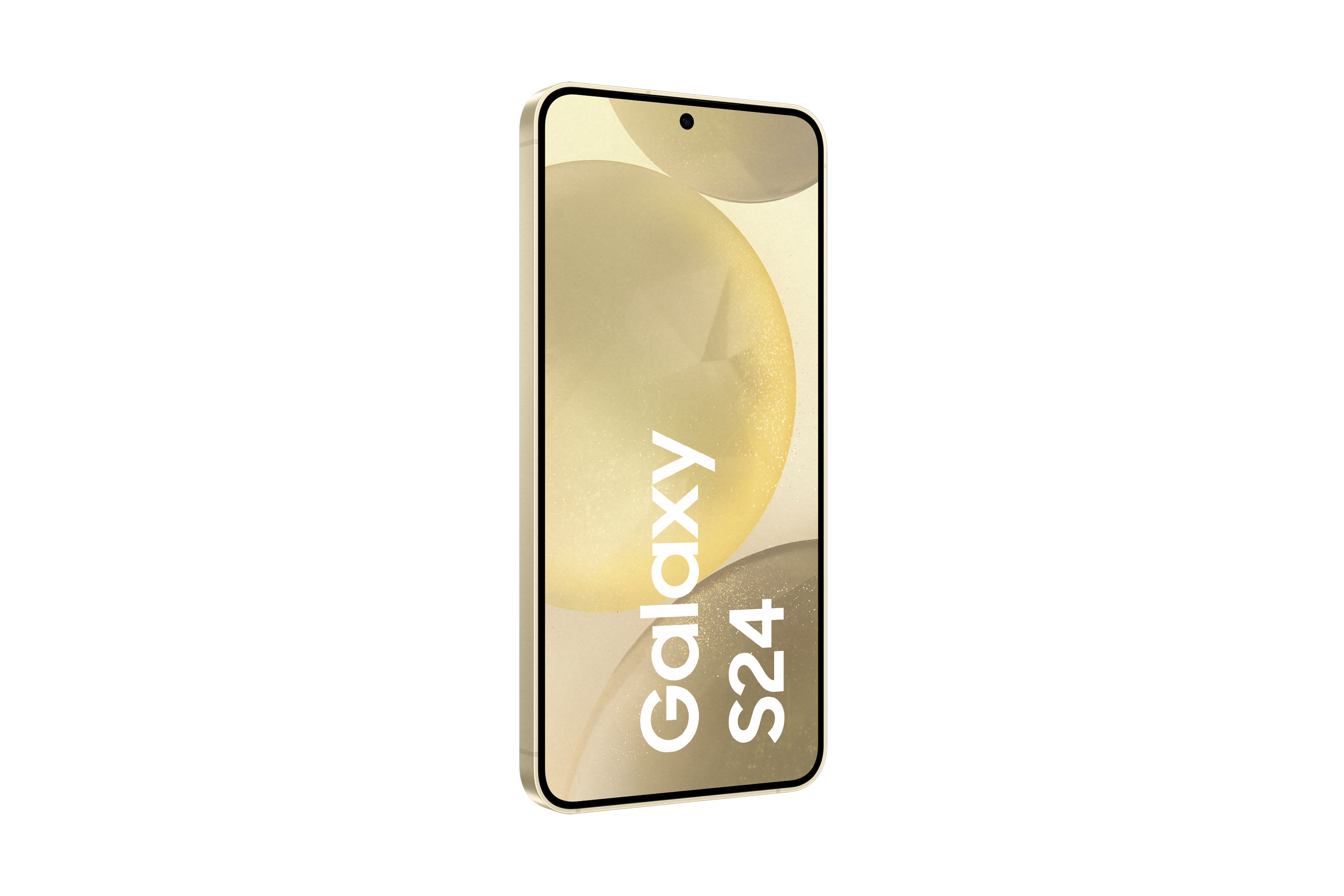 Goldenes Smartphone mit schwarzem Rahmen. Der Bildschirm zeigt ein Galaxy S24-Logo mit abstraktem Design.