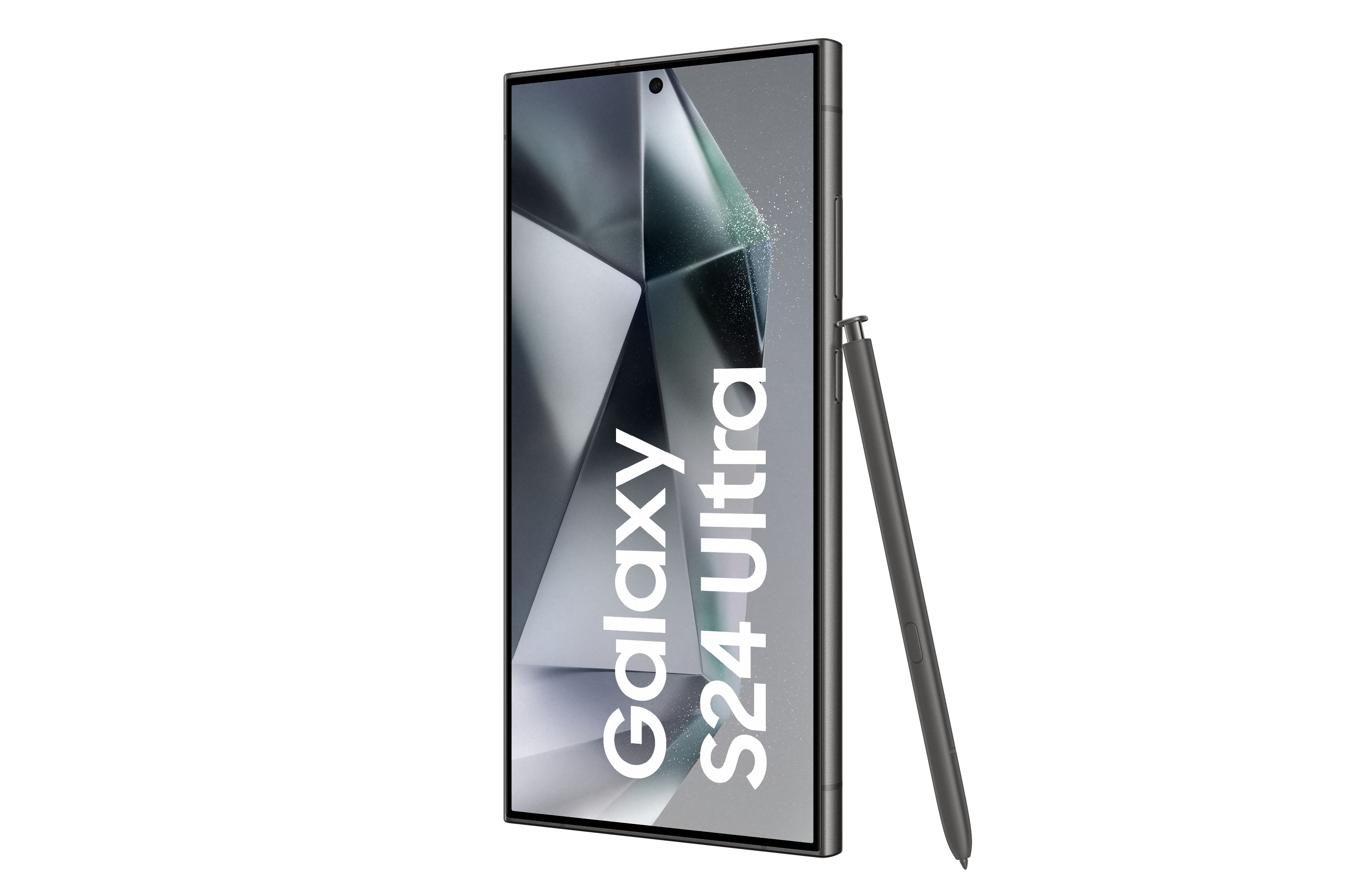 Smartphone mit Bildschirm, der 'Galaxy S24 Ultra' zeigt, und einem Stift, schräge Ansicht.