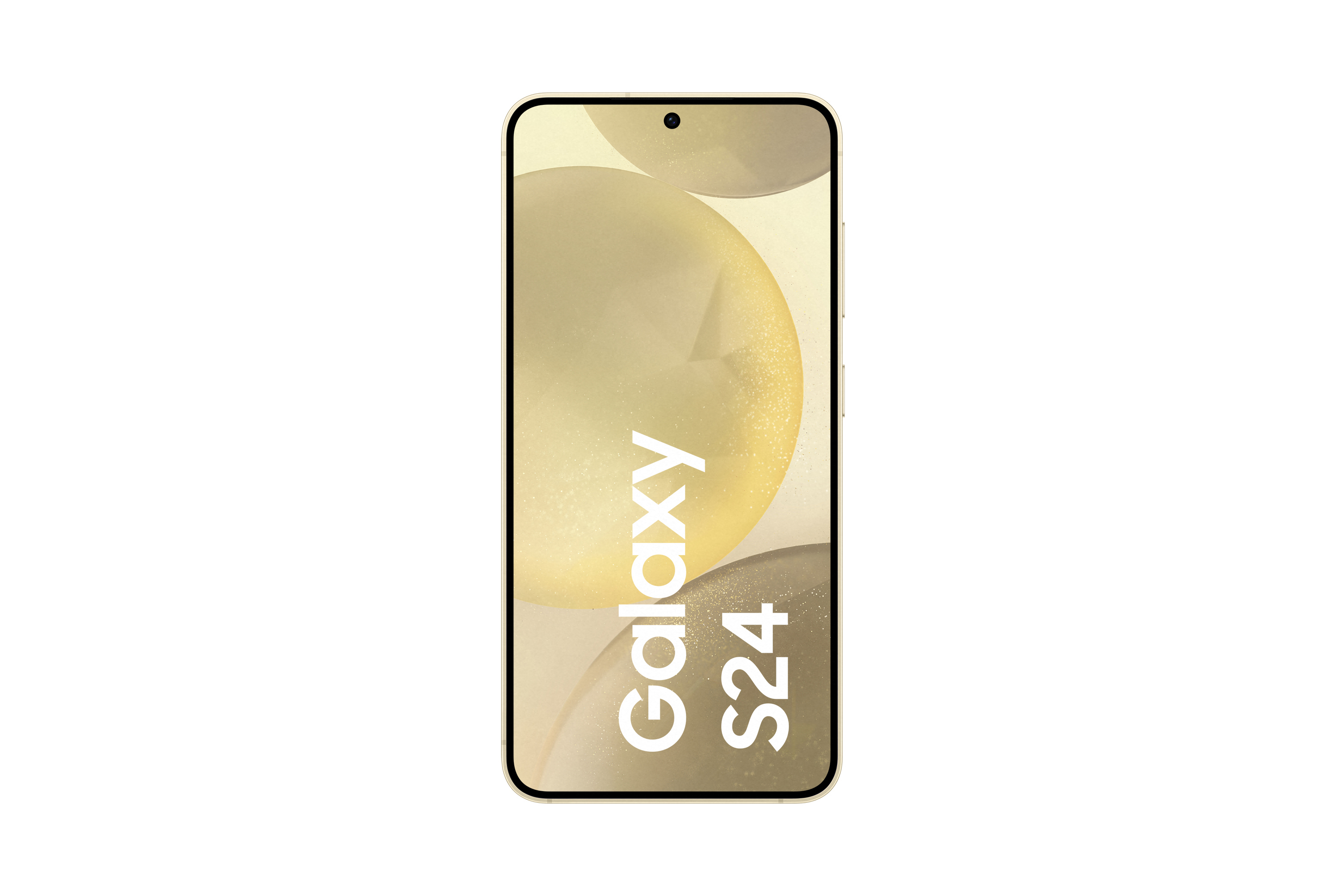 Goldenes Galaxy S24 Telefon, weißer Text auf dem Bildschirm, heller Hintergrund.