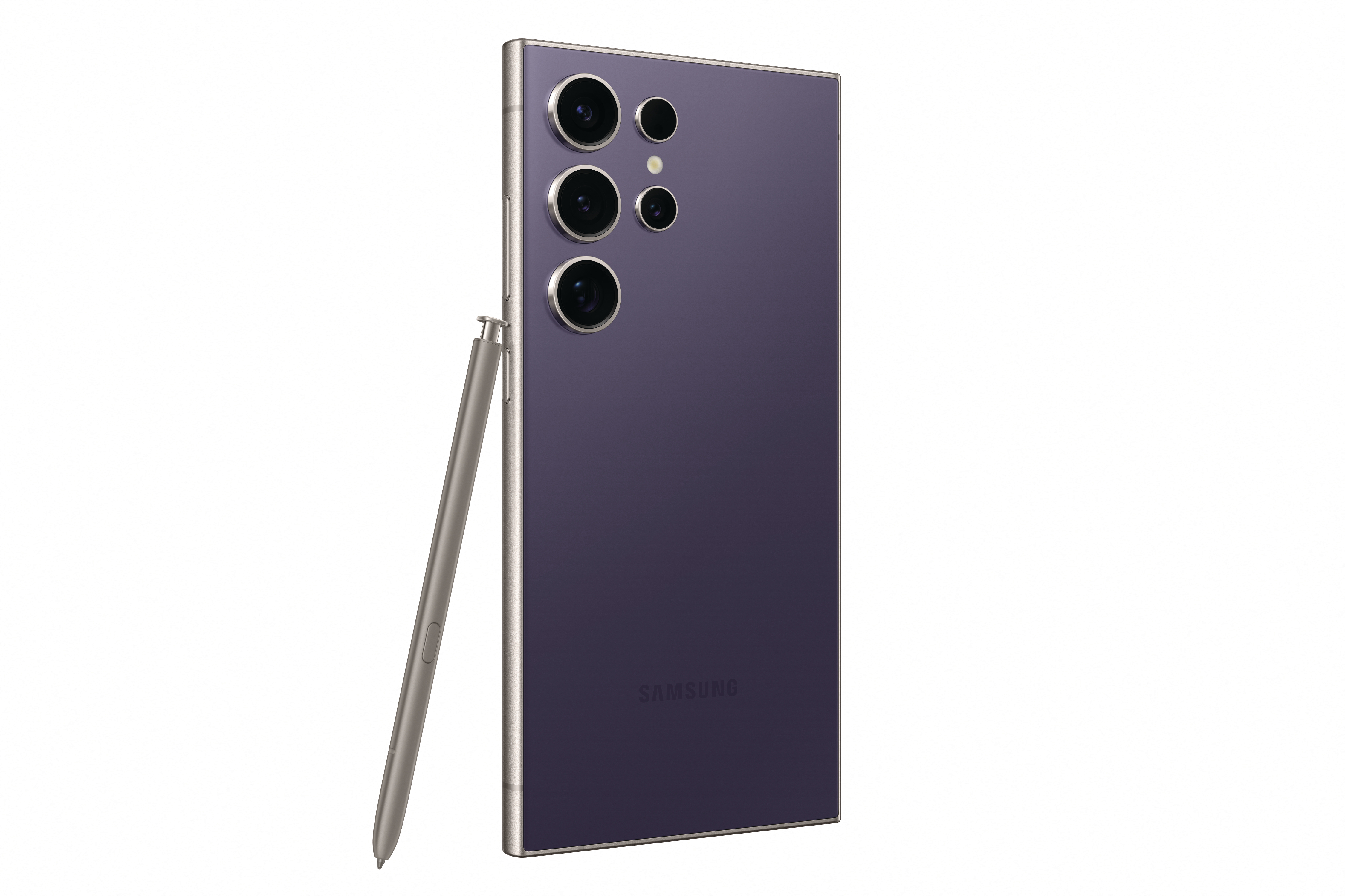 Lila Smartphone mit Stift, Rückansicht mit Kameras, weißer Hintergrund und Stift.